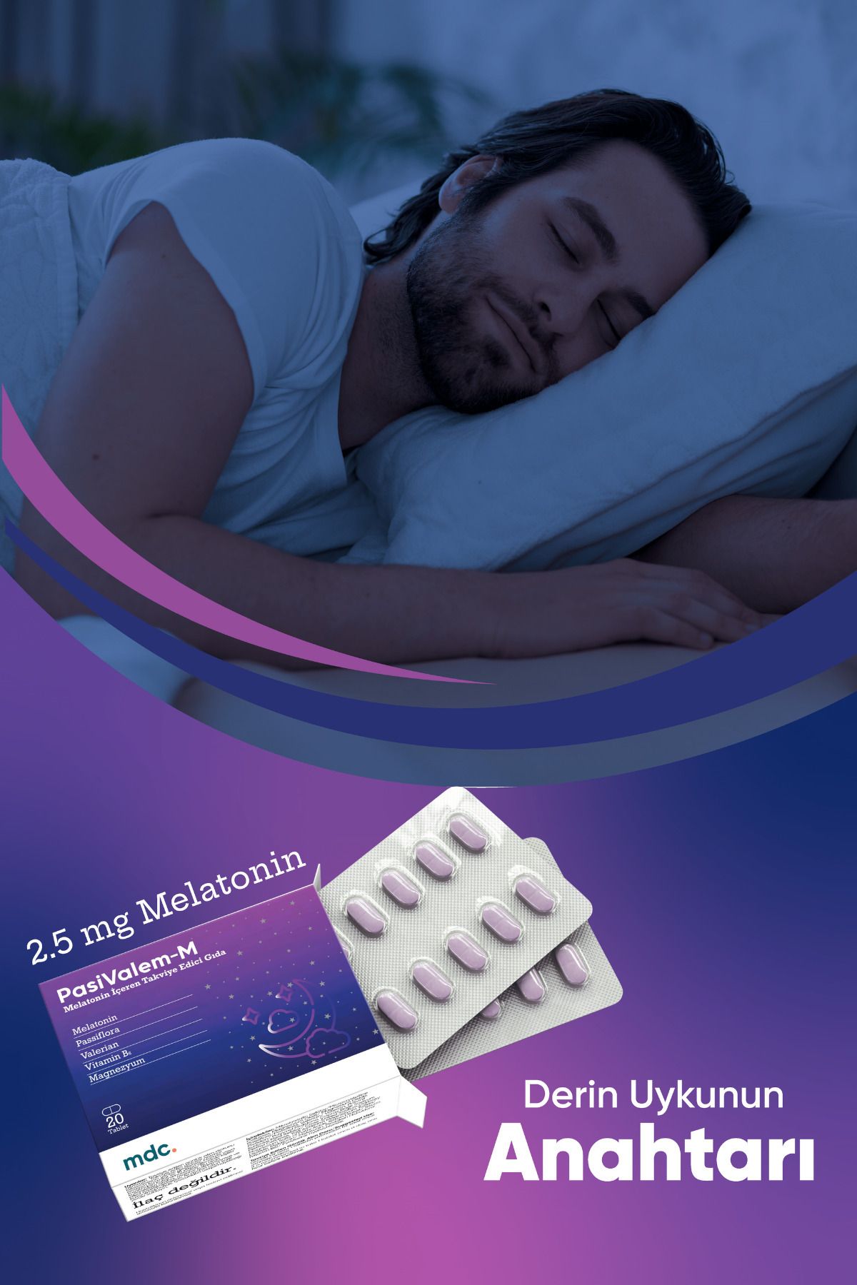 Pasivalem Melatonin (MELATONİN, PASİFLORA, VALERİAN, B6, MAGNEZYUM) 20 Tablet