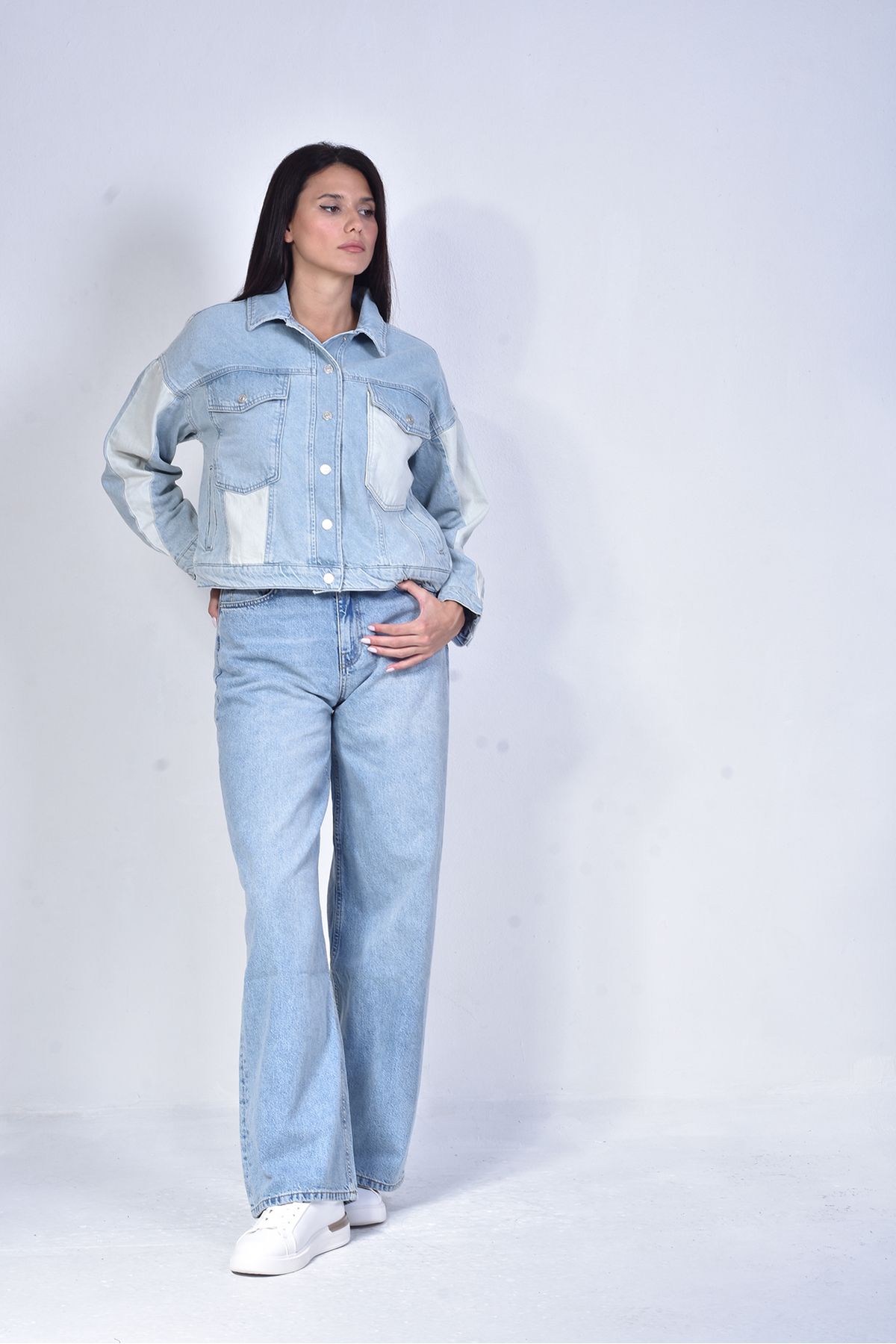 Oversize Denim Çift Renk Kadın Kot Ceket