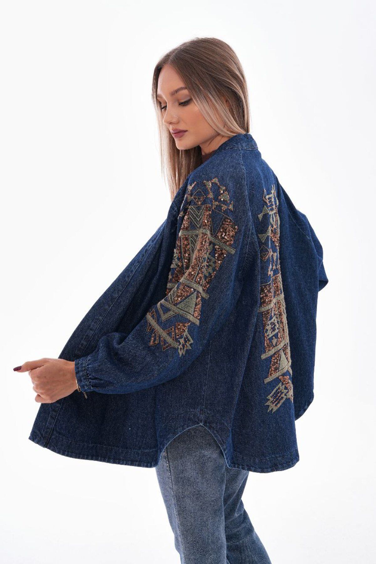 Nakışlı denim kimono