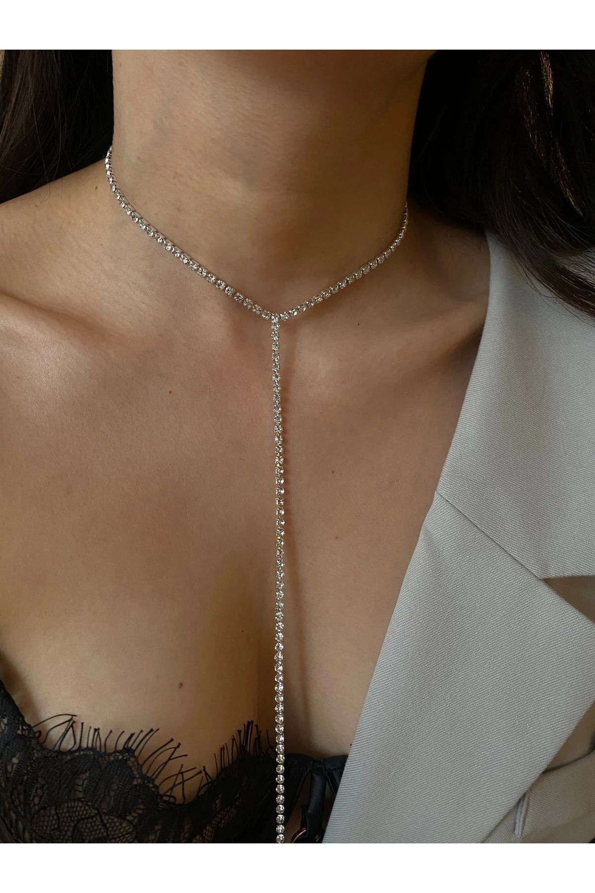 One Row Kristal Taşlı Rhinestone Gümüş Kaplama Choker Dekolte Kolyesi