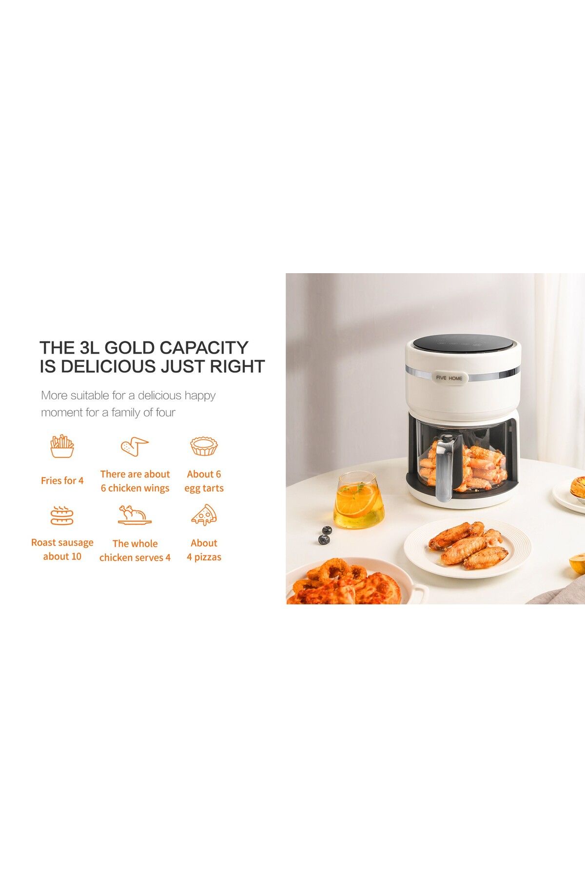 Five Home Kz126d Borosilikat Camlı Airfryer 3 Lt Air Fryer 1200w