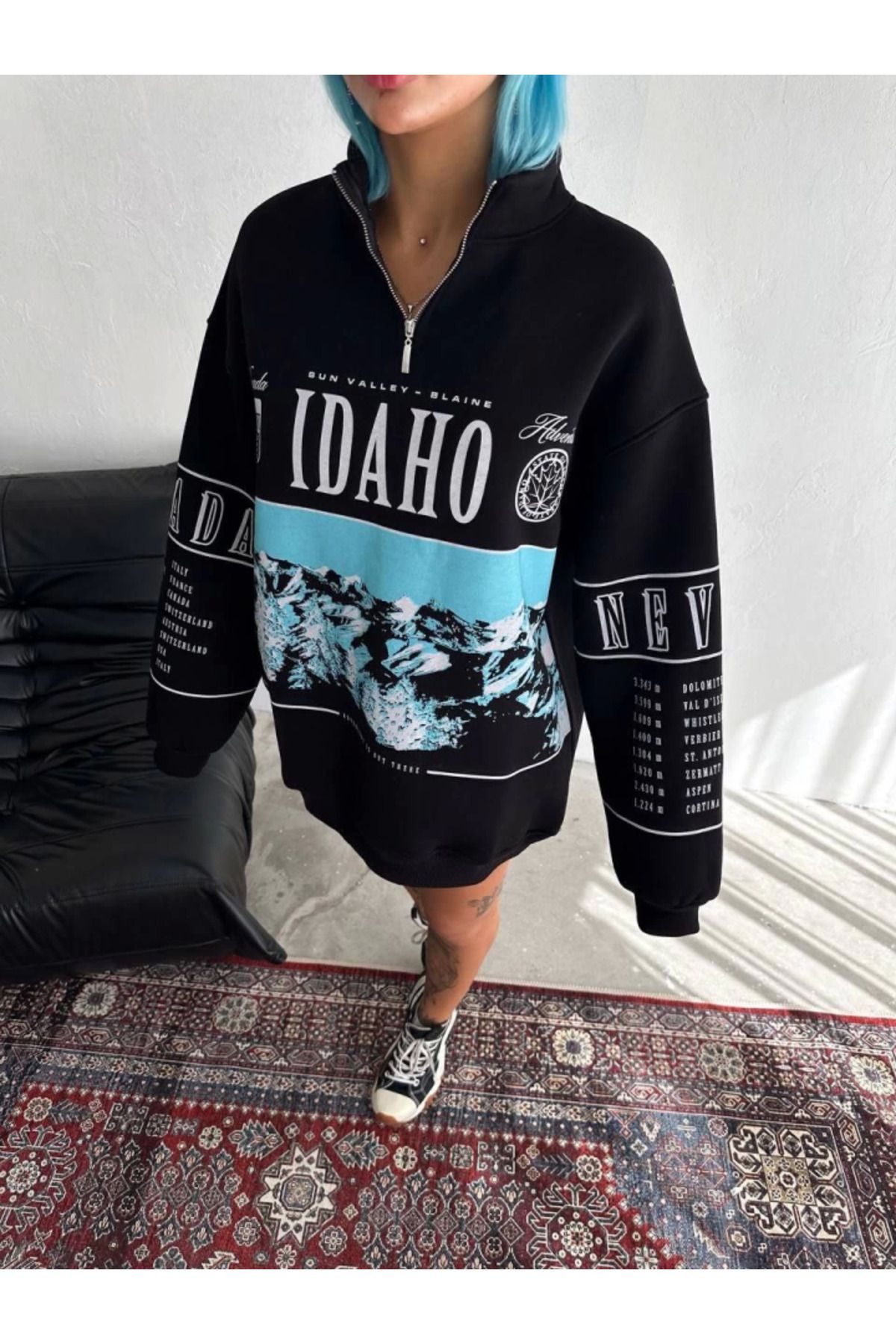 Yarım Fermuarlı Oversize Baskılı SweatShirt - Siyah