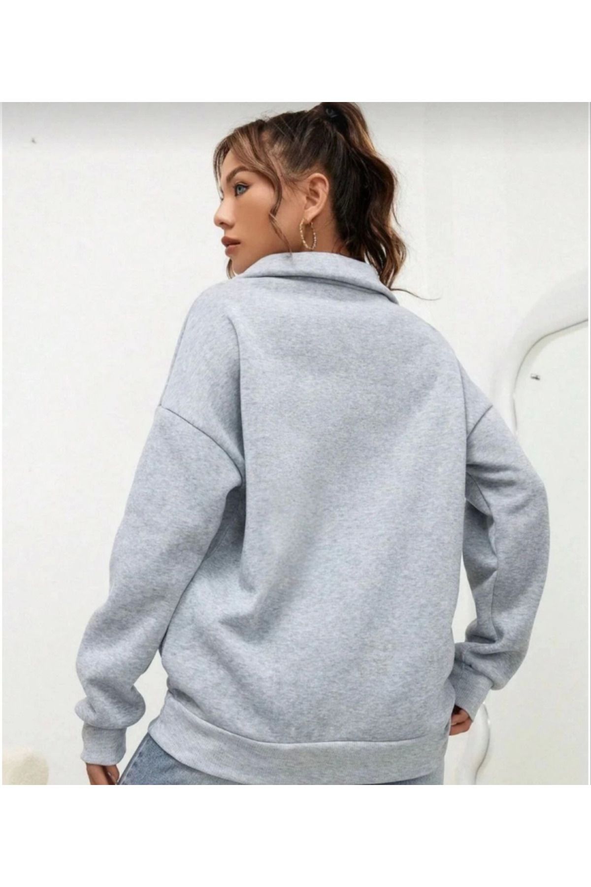 Unisex Uzun Kol Yarım Farmuarlı Yakalı Basic SweatShirt - Gri