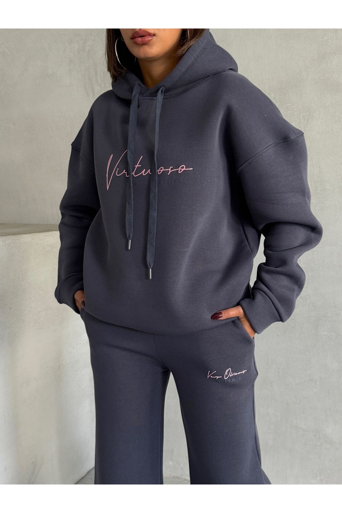 TKM-03633 Füme Virtuoso Yazı Baskılı Kapüşonlu Sweatshirt Palazzo Eşofman Üç İplik Şardonlu İkili Ta