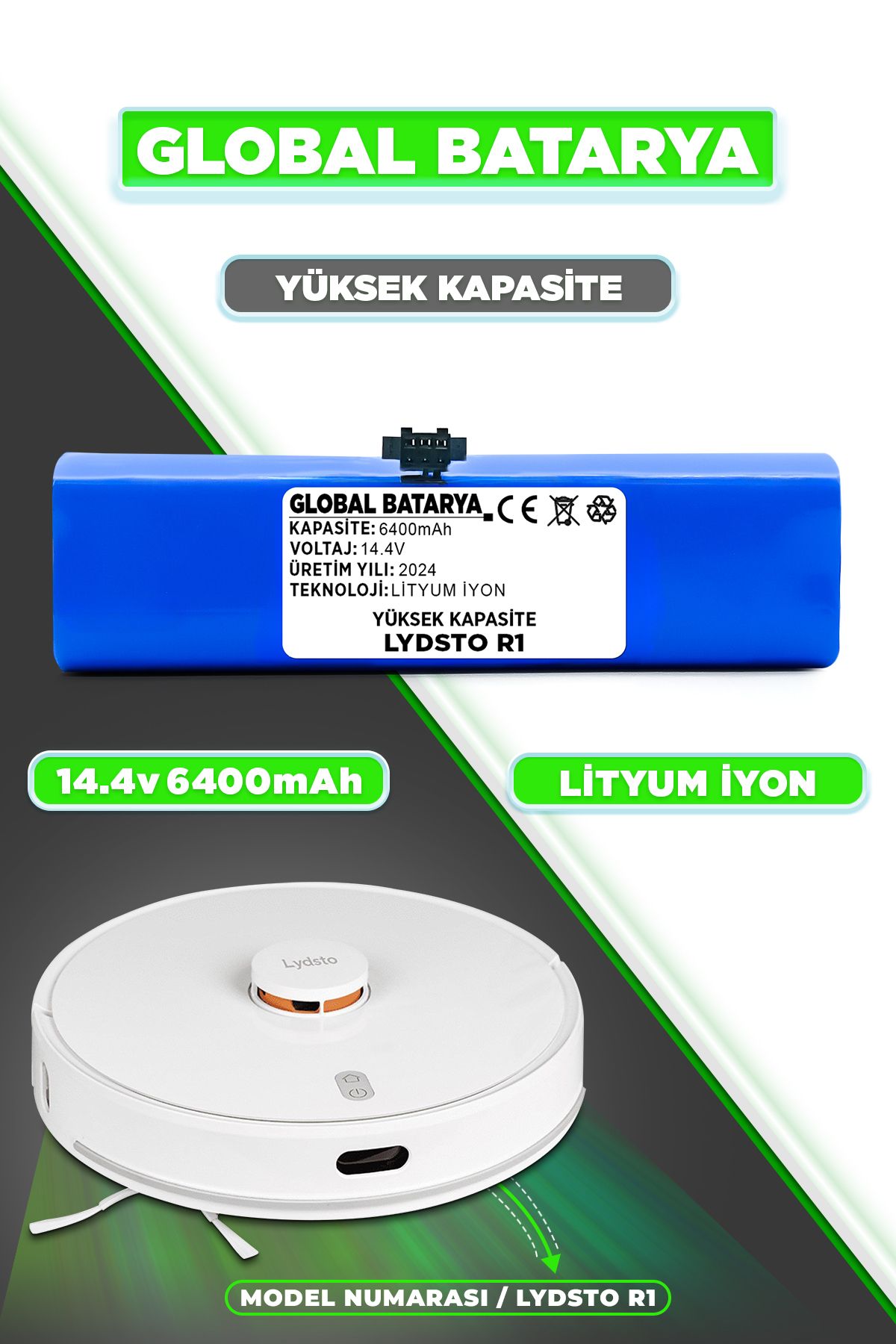 GLOBAL BATARYALydsto R1Vacuum Akıllı Robot Sü...