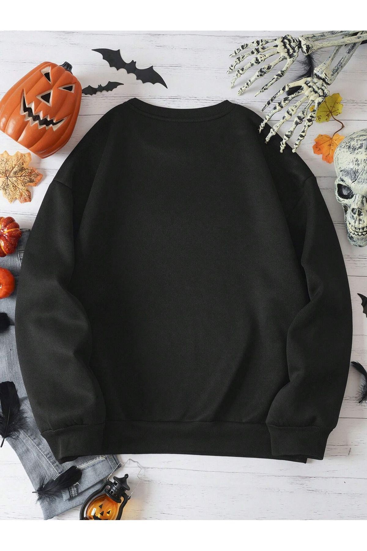 Halloween Hayalet Baskılı Siyah Oversize Sweatshirt