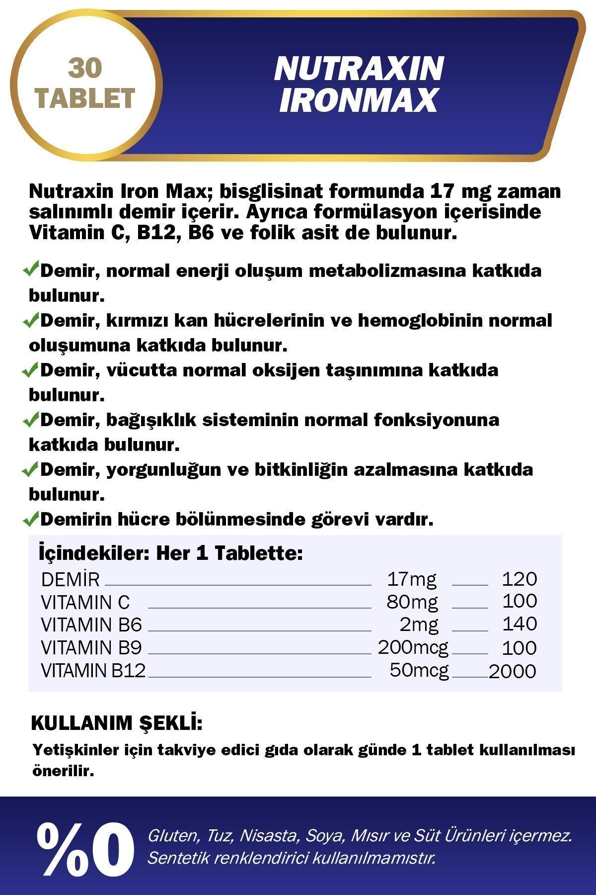 Iron Max Demir, Vitamin C, Vitamin B12 Içeren Takviye Edici Gıda 30 Tablet