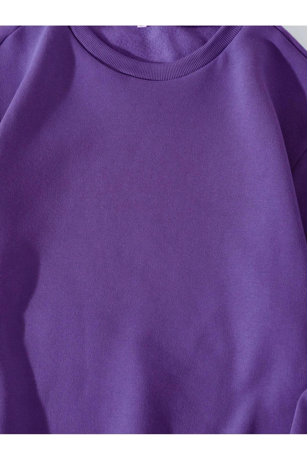 Unisex Oversize Bisiklet Yaka Basic Düz Sweatshirt - MOR