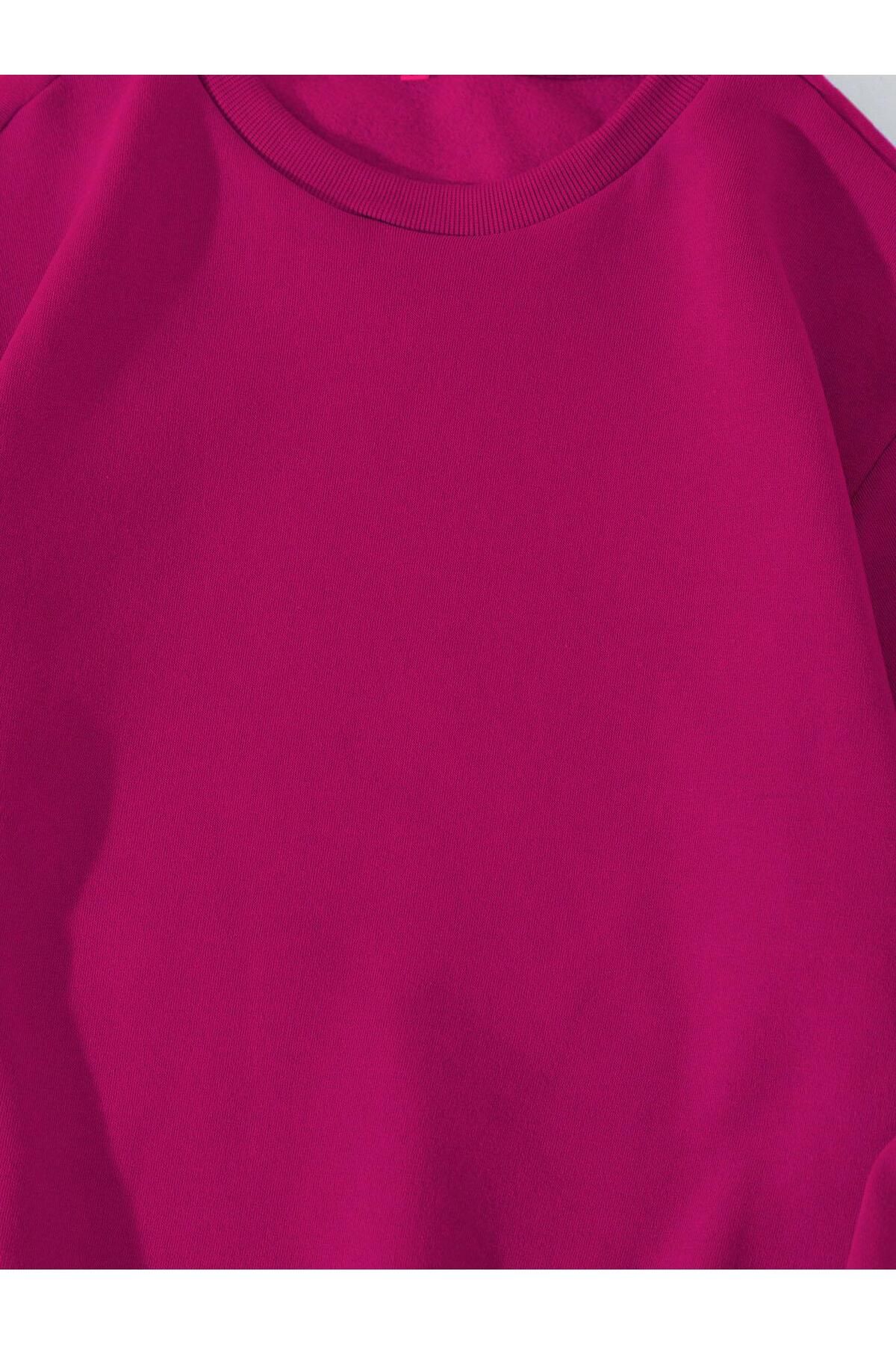 Unisex Oversize Bisiklet Yaka Basic Düz Sweatshirt - FUŞYA