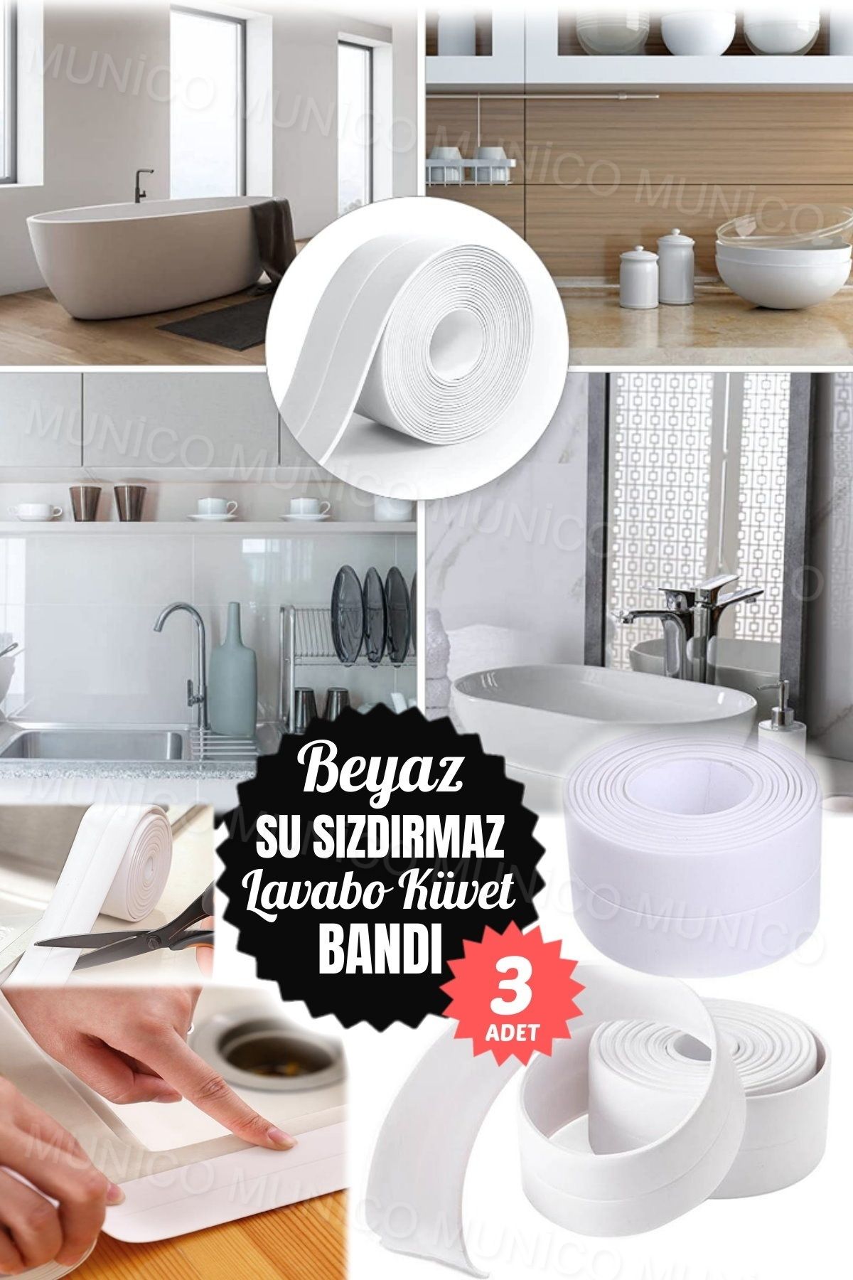 3 Adet Sızdırmazlık Bandı Lavabo Bantı Banyo Mutfak Lavabo Küvet Duş Teknesi Su Geçirmez Kenar