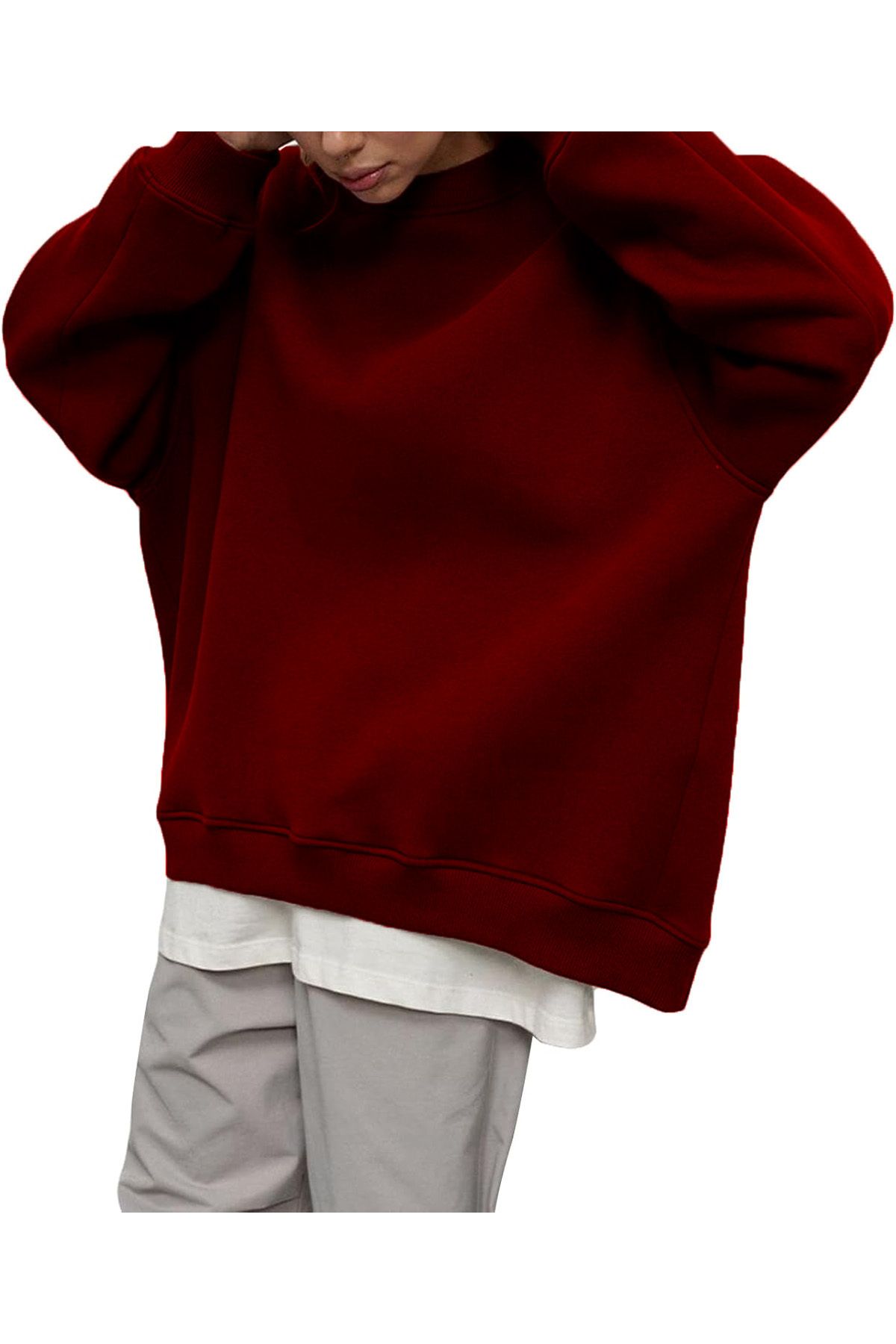 Kadın Bisiklet Yaka İçi Şardonlu, Kışlık Yumuşak Bol Sweatshirt BORDO