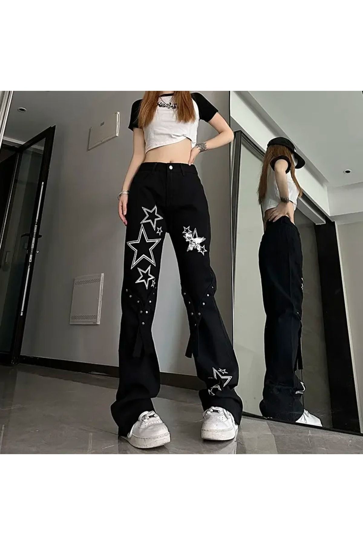 Y2K Star Trendy Degrade Desenli Yıkamalı Baggy Pantolon