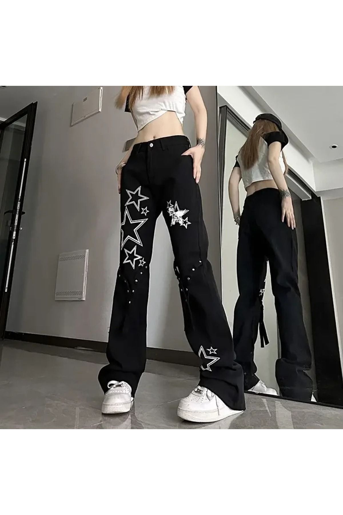 Y2K Star Trendy Degrade Desenli Yıkamalı Baggy Pantolon