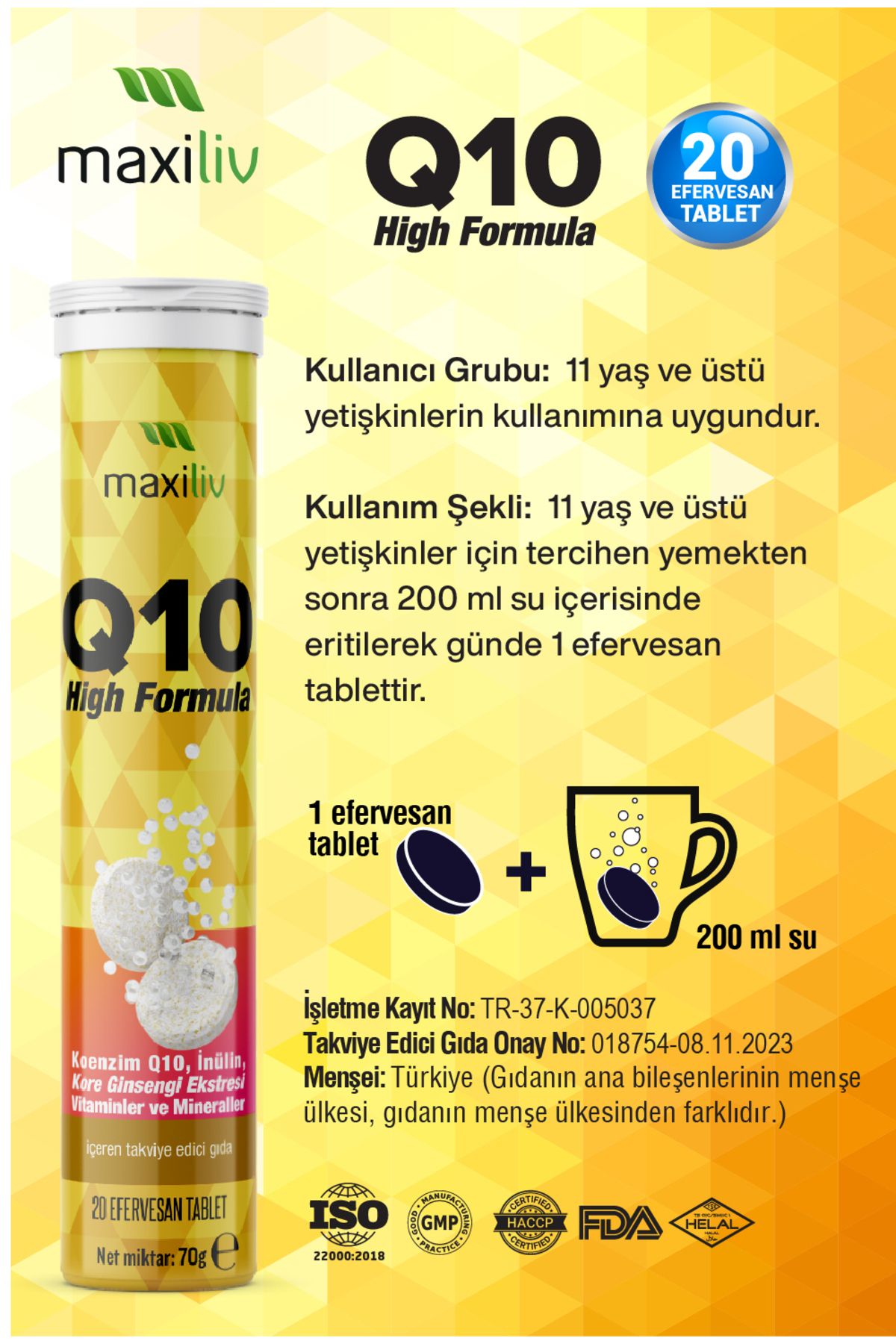 Q10 High Formula Koenzim Q10 - Inülin - Kore Ginsengi - Vitaminler ve Mineraller İçeren Efervesan