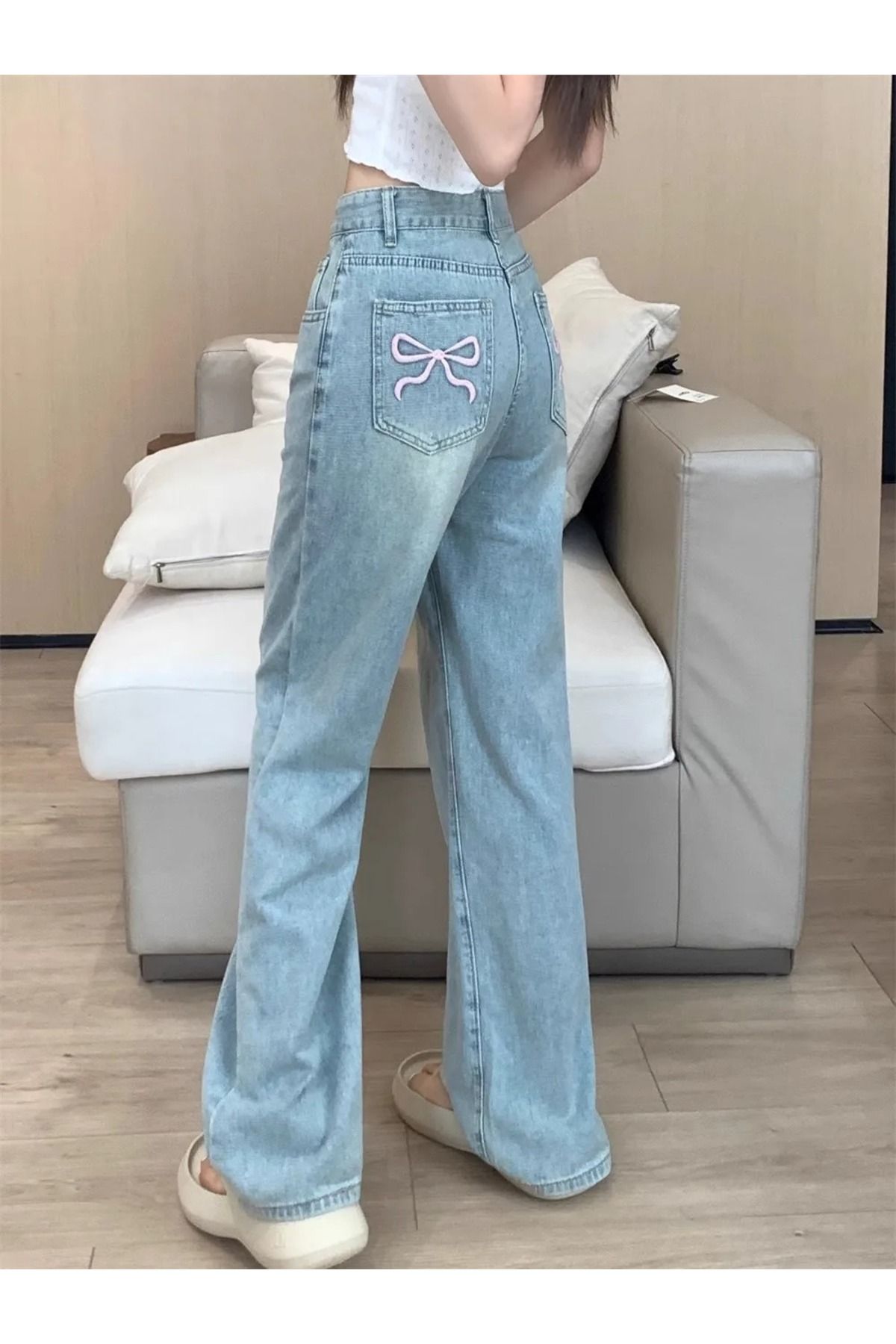 Y2K Ribbon Detaylı Baggy Yıkamalı Mavi Jean