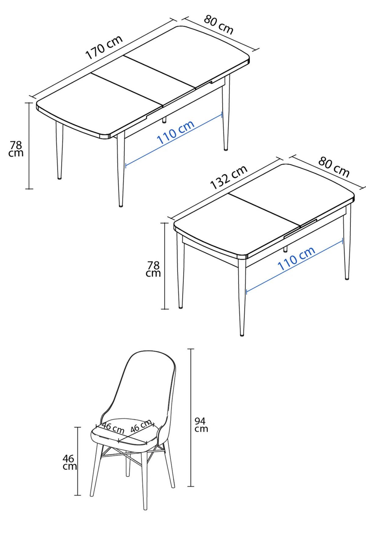 Arjeta Serisi, Beyaz Mermer Desen 80x132 Açılabilir Mdf Mutfak Masası Takımı 6 Adet Sandalye