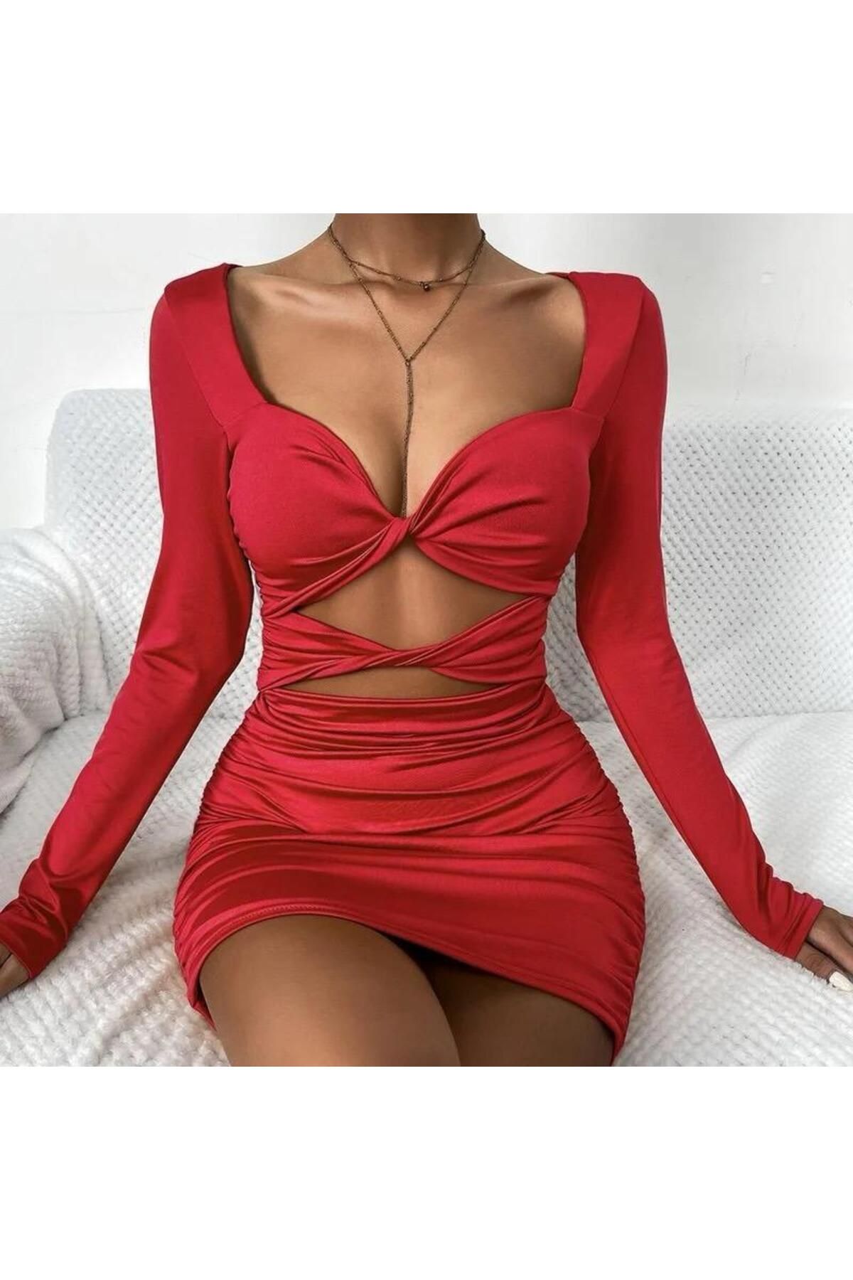 Kırmızı Uzun Kollu Hollow Out Dekolteli Bodycon Mini Elbise