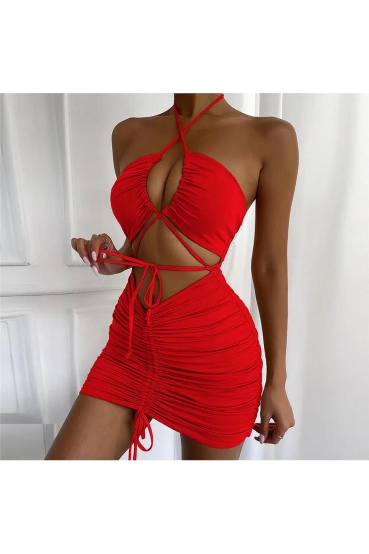 Kırmızı Bodycon Mini Dekolteli Elbise