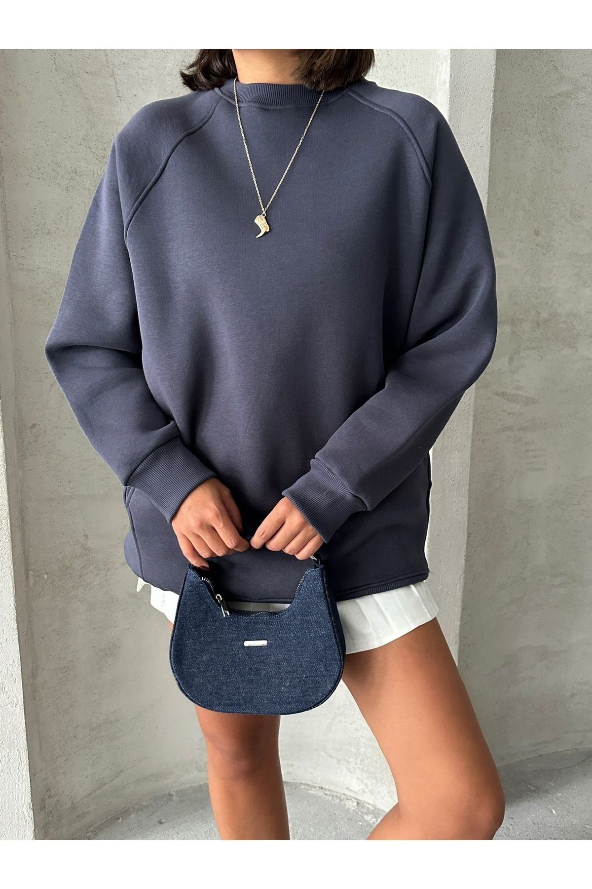 SWT-14271 Füme Cepli Oversize Üç İplik Kapüşonlu Basic Sweatshirt