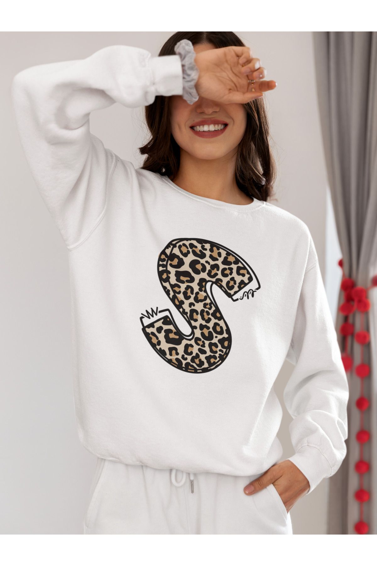 SUNFREE Leopar S Harfi BeyazOversize Sweatshi...