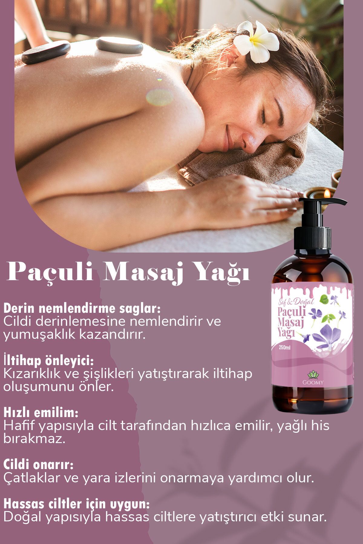 Doğal Paçuli Yağı Masaj Yağı Aromaterapi Spa Rahatlatıcı ve Nemlendirici 250 ml