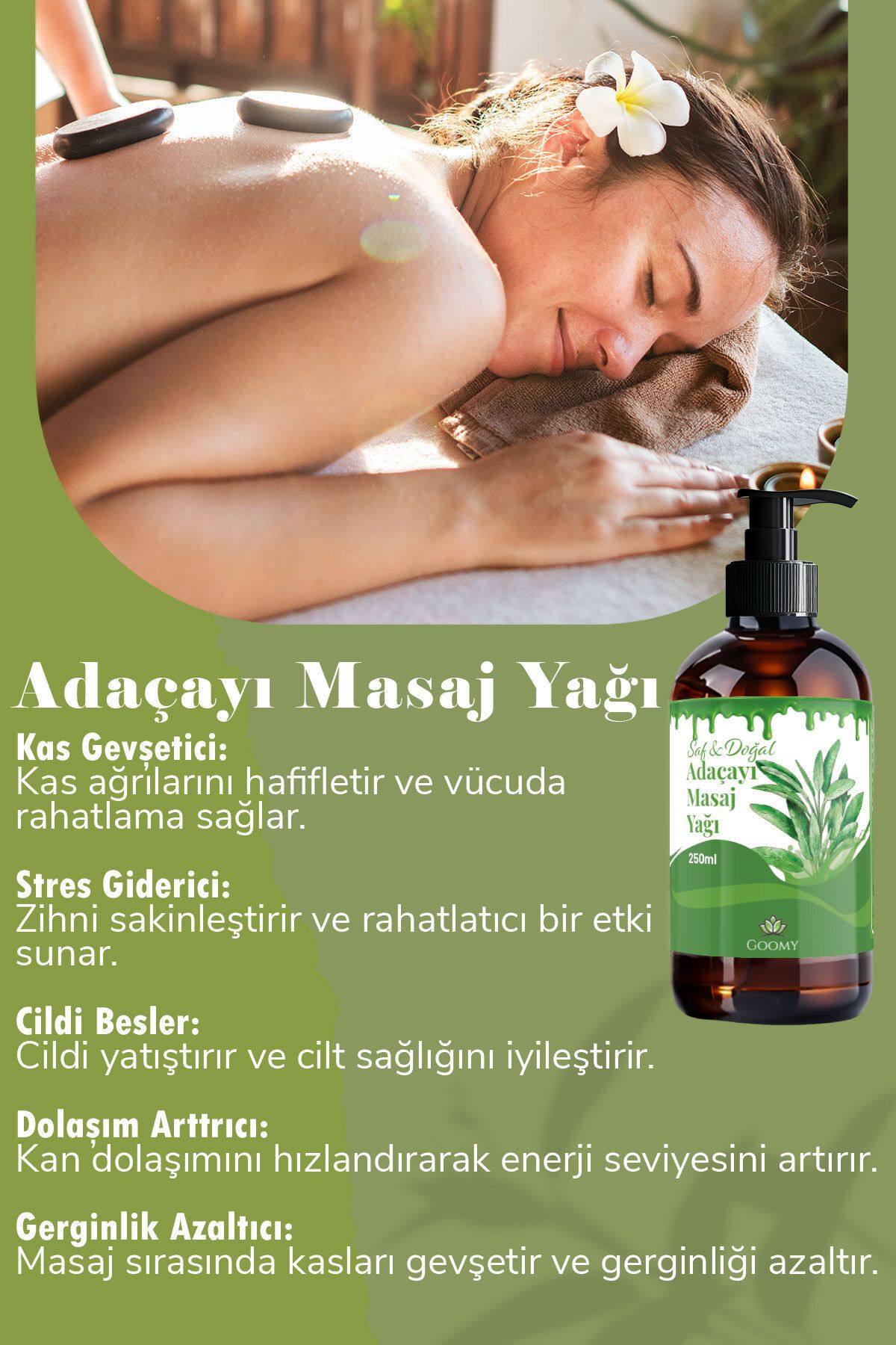 Doğal Adaçayı Yağı Masaj Yağı Aromaterapi Spa Rahatlatıcı ve Nemlendirici 250 ml