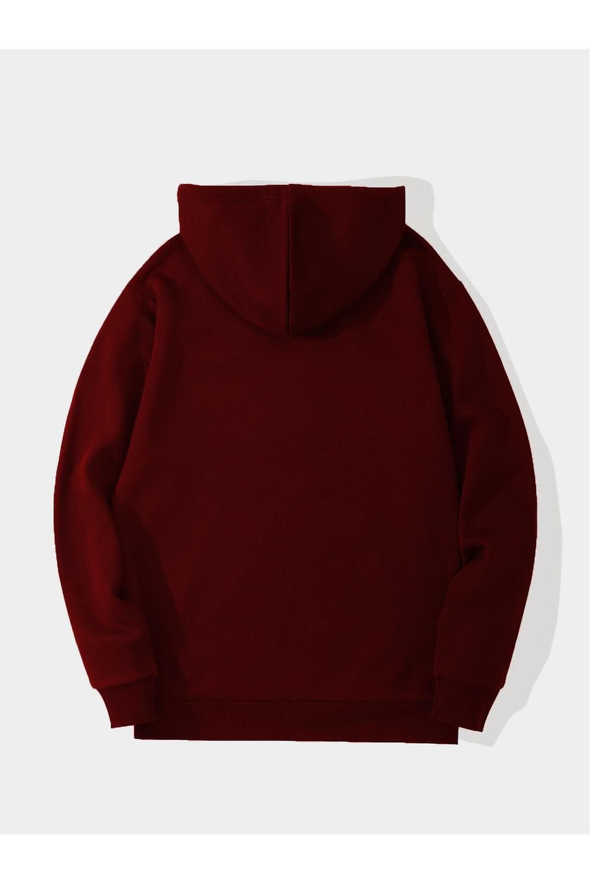 Unisex Basic Düz Renk Kapüşonlu İçi Yumuşak Polarlı Oversize Sweatshirt - BORDO