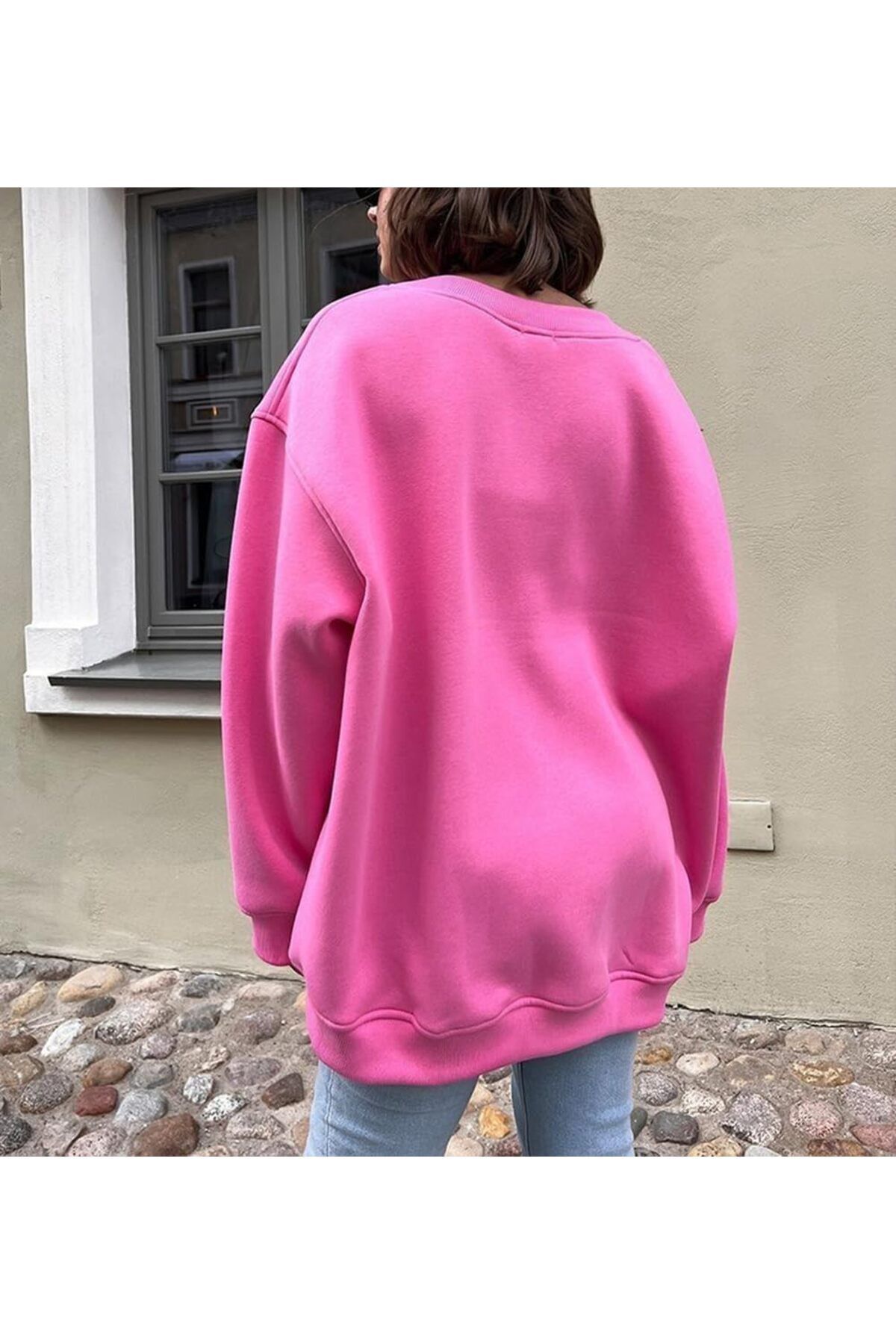 Kadın Bisiklet Yaka İçi Şardonlu, Kışlık Yumuşak Bol Sweatshirt PEMBE