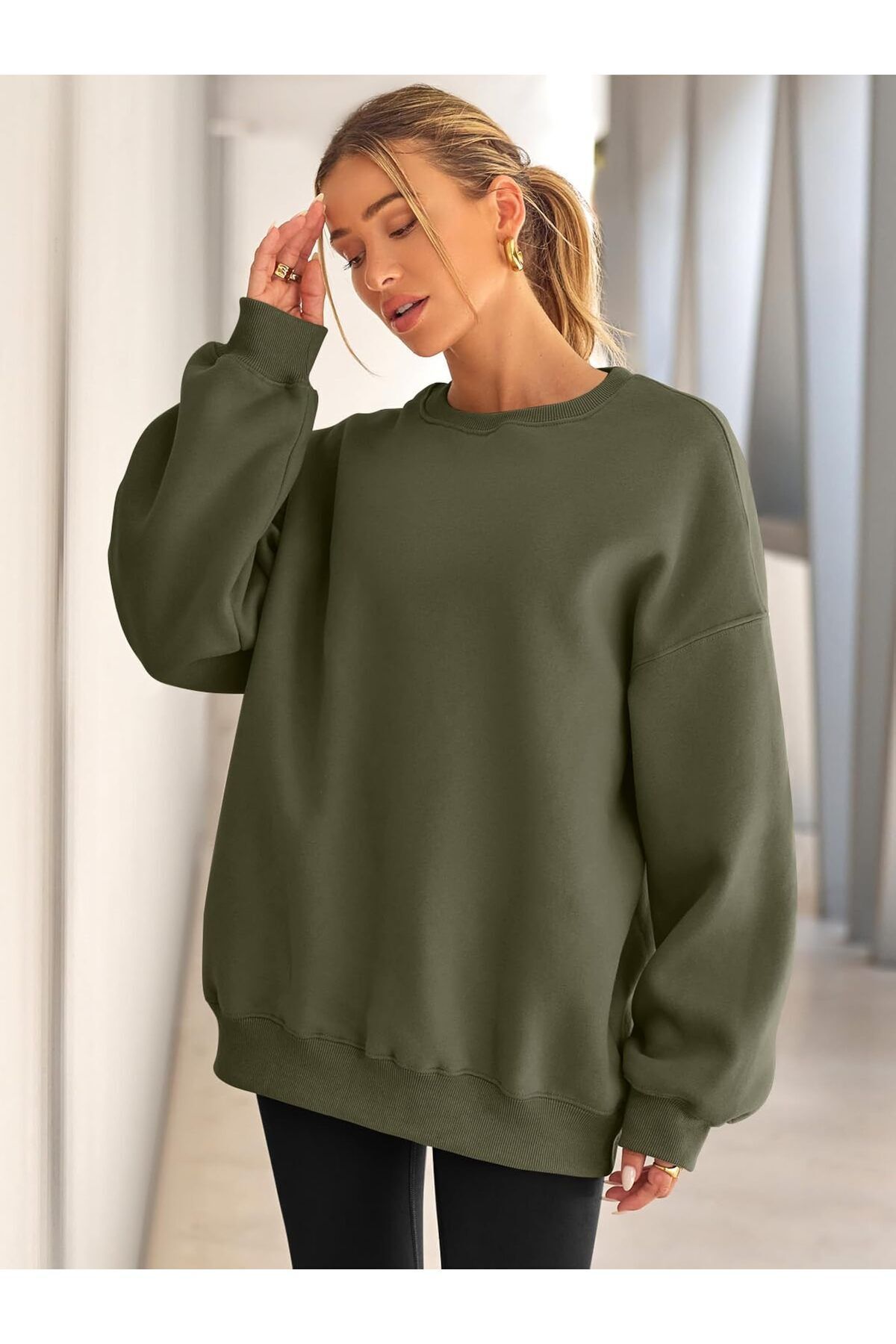 Kadın Bisiklet Yaka Basic Oversize Sweatshirt HAKİ