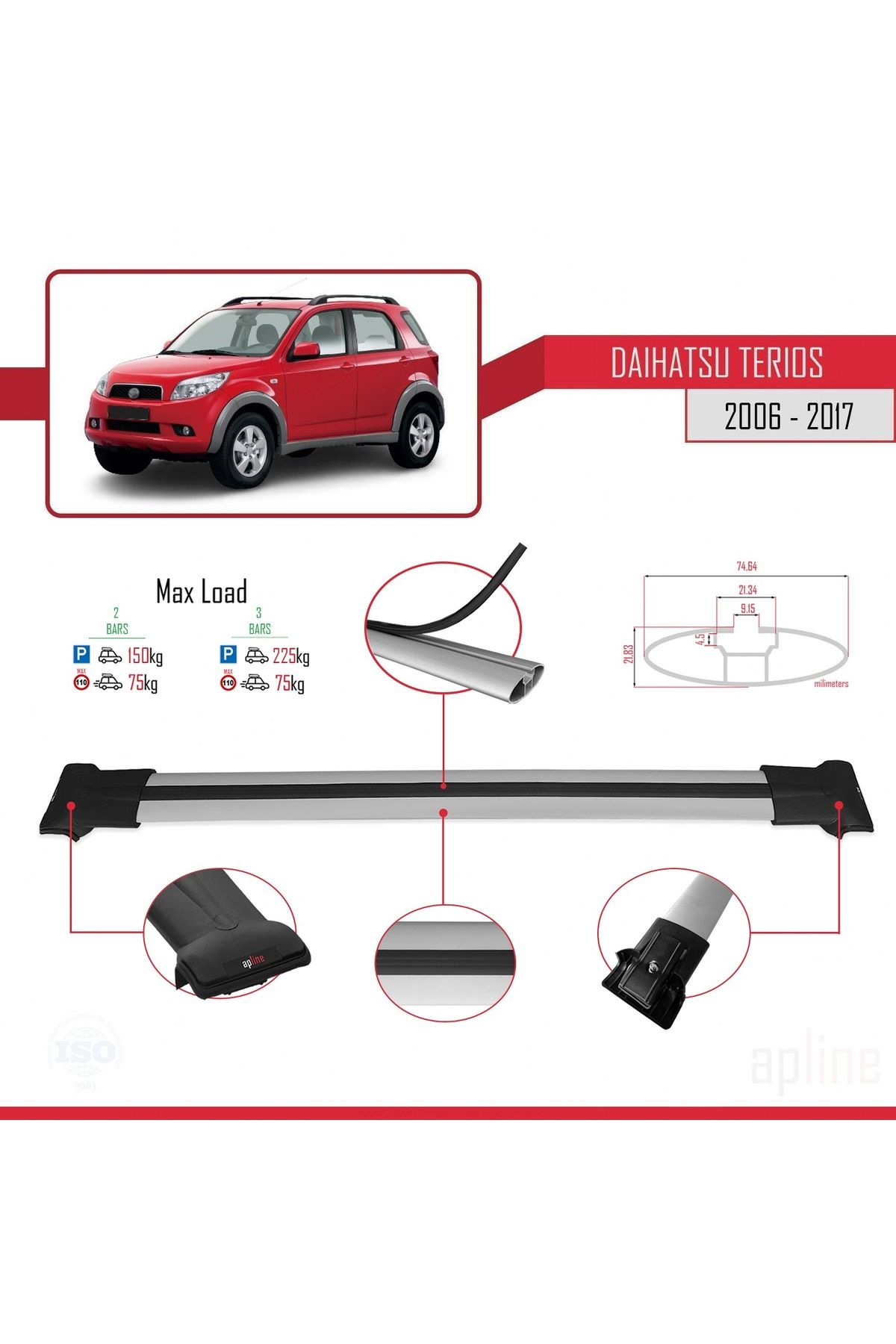 Daihatsu Terios 2 (J200) 2006-2017 Arası Ile Uyumlu Fly Model Ara Atkı Tavan Barı Gri 2 Adet