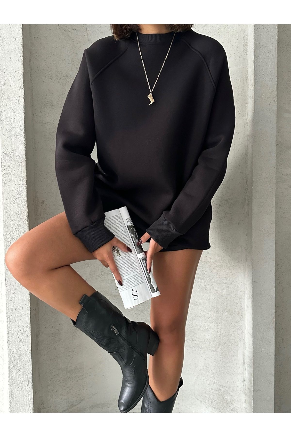 SWT-14271 Siyah Cepli Oversize Üç İplik Kapüşonlu Basic Sweatshirt