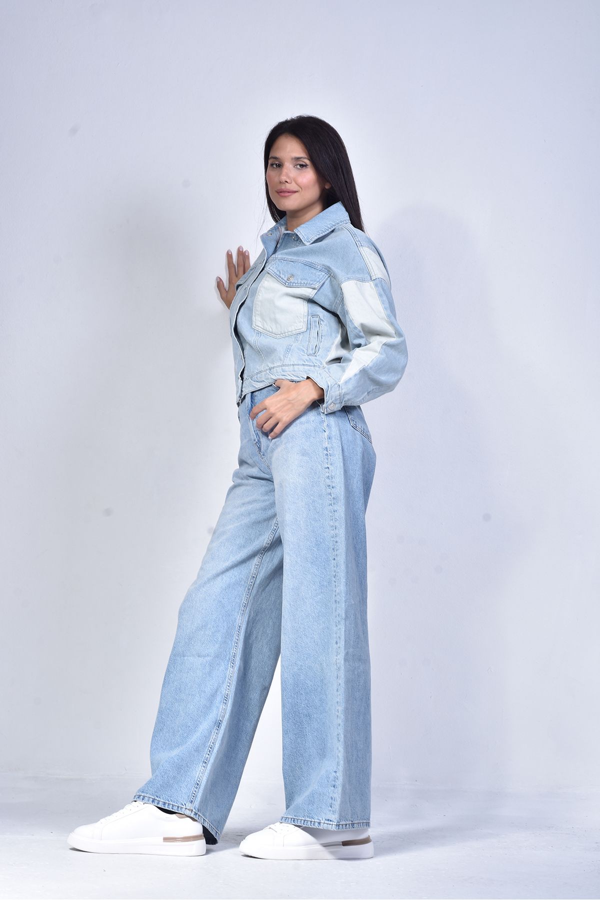 Oversize Denim Çift Renk Kadın Kot Ceket