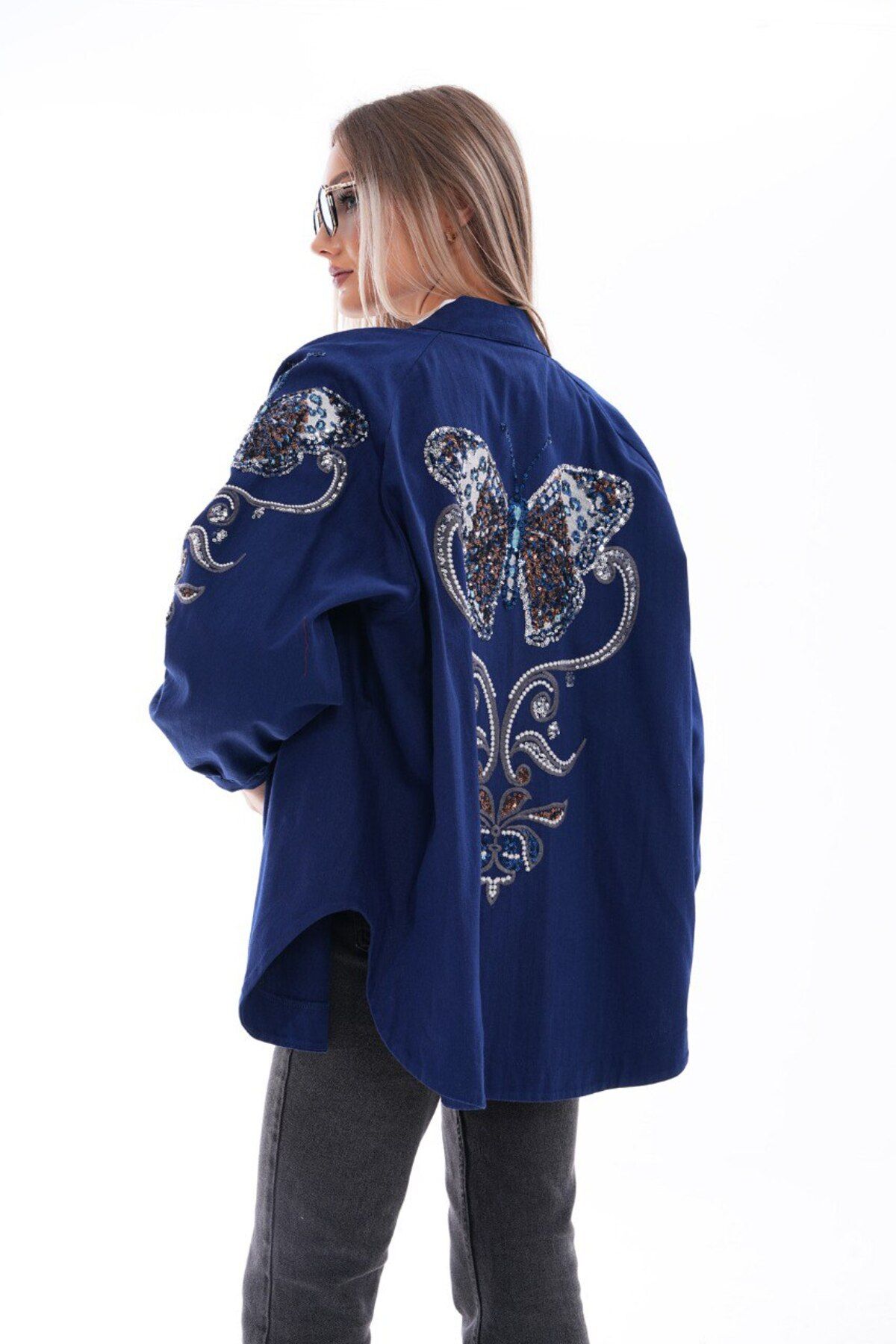 Nakışlı denim kimono