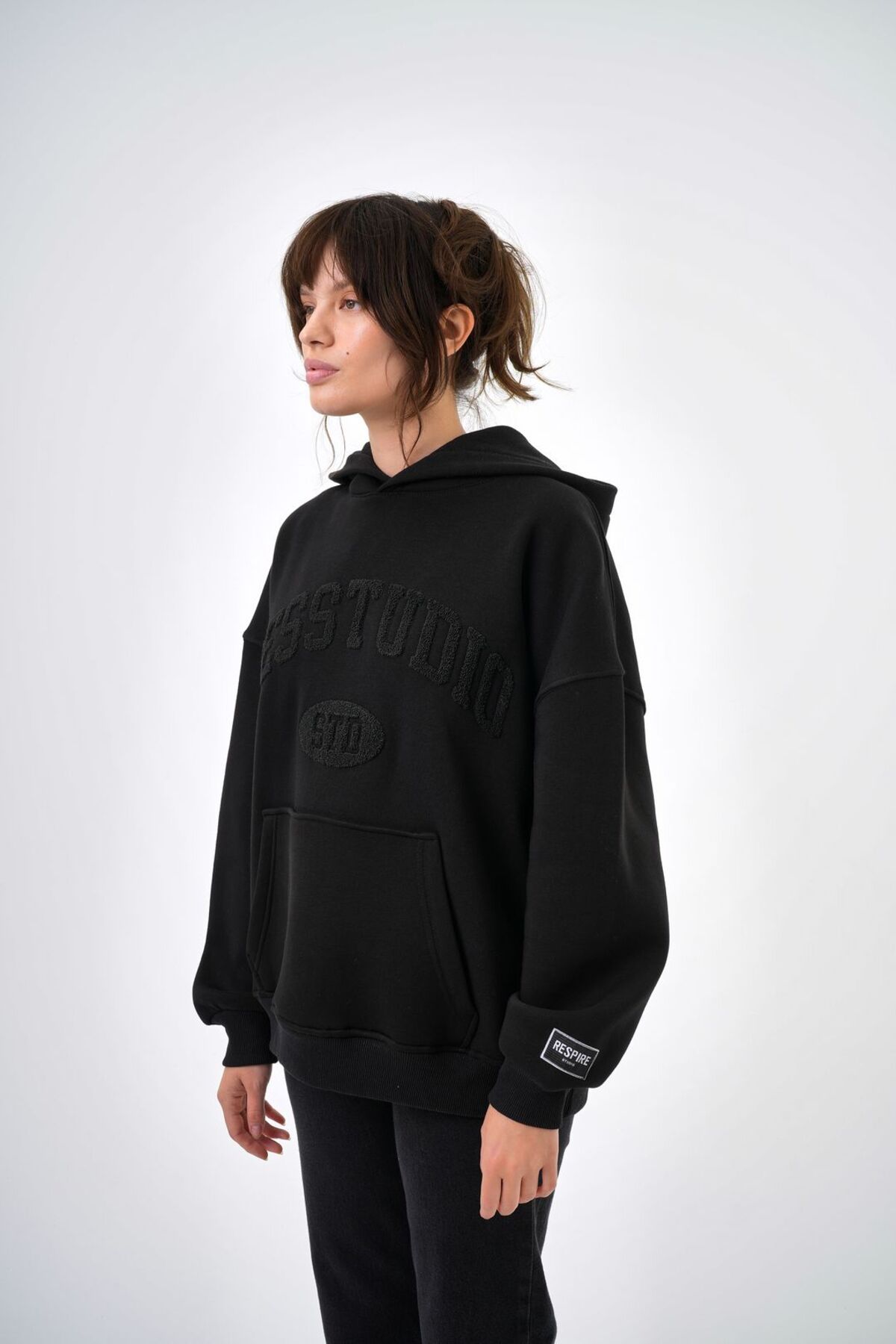 Kadın Res Studio Yazılı Kanguru Cepli Kapüşonlu Oversize Hoodie