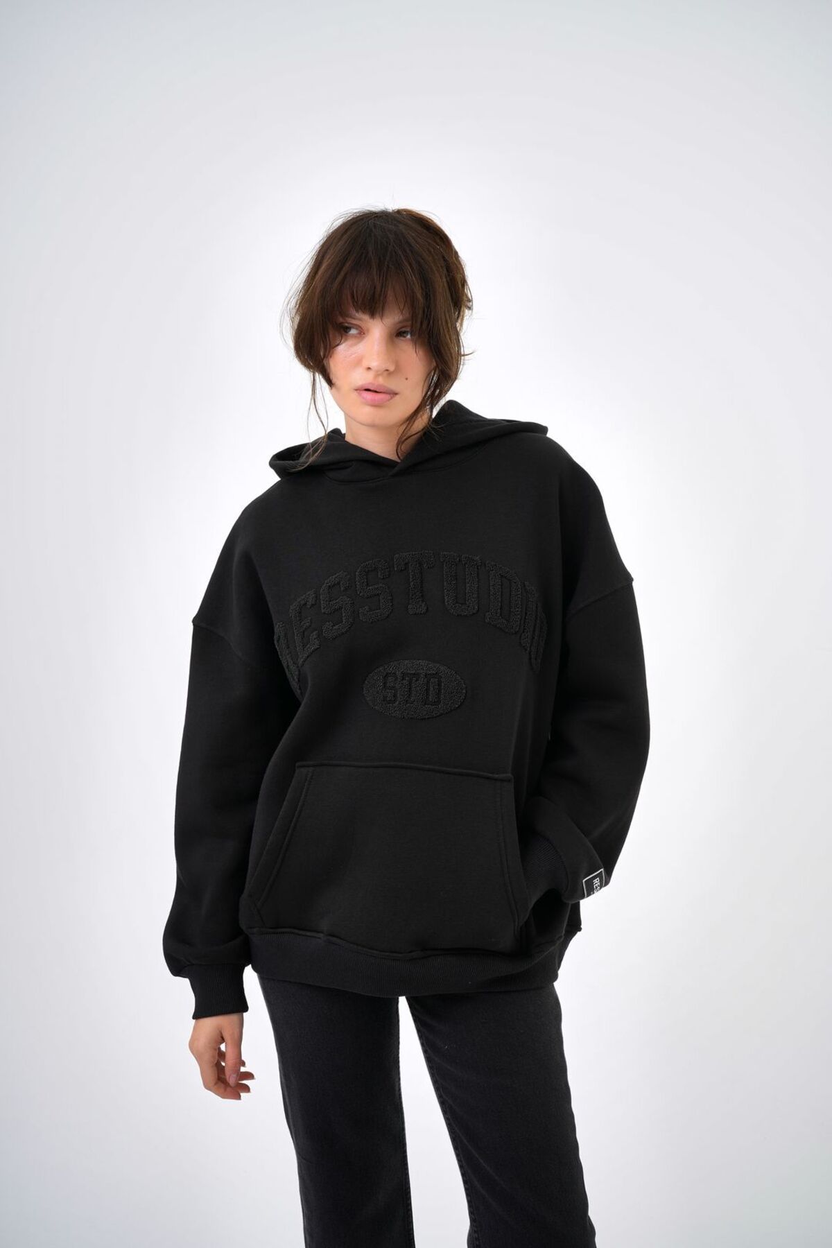 Kadın Res Studio Yazılı Kanguru Cepli Kapüşonlu Oversize Hoodie