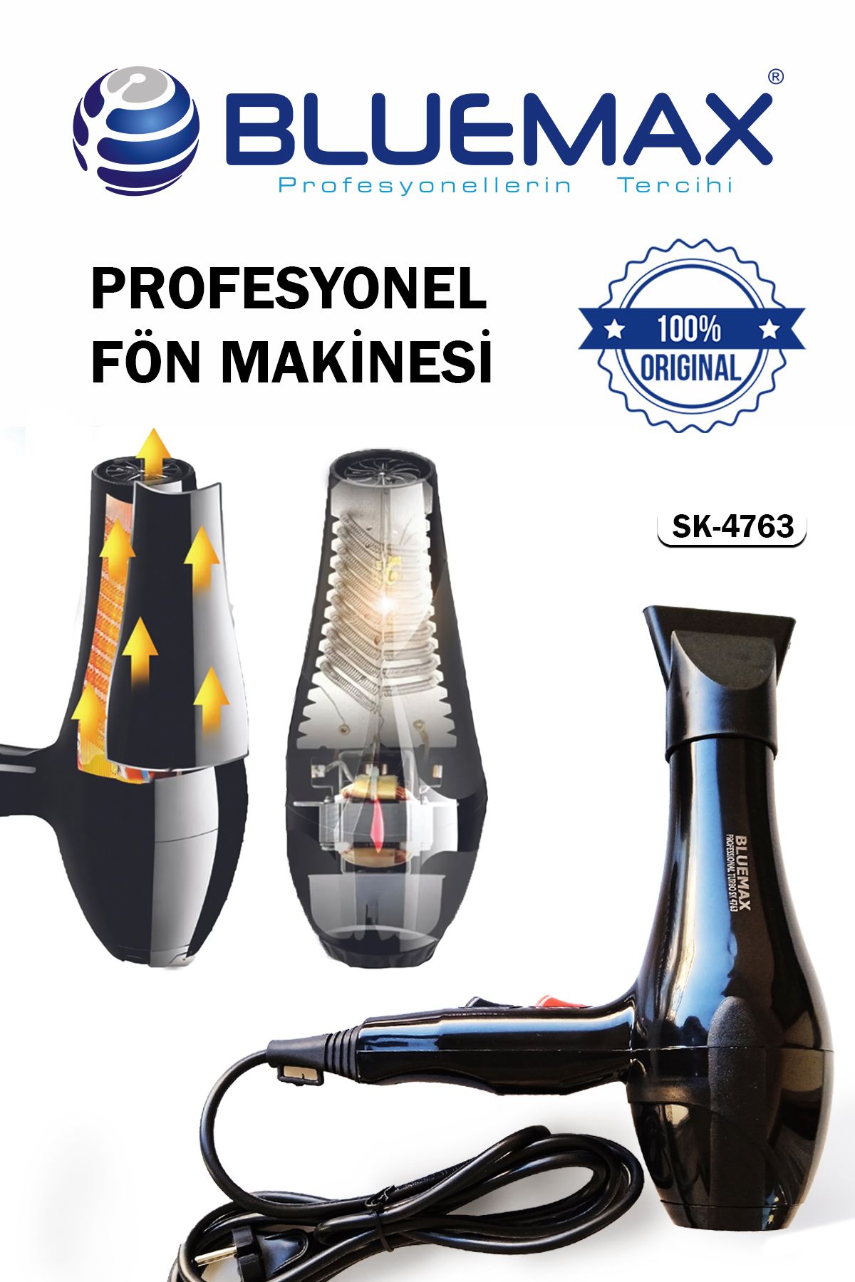 Çok Fonksiyonlu Pro Ergonomik 2500-WT Saç Kurutma Makinası + Fön Tarağı + Başlık Hediyeli Hairdyer