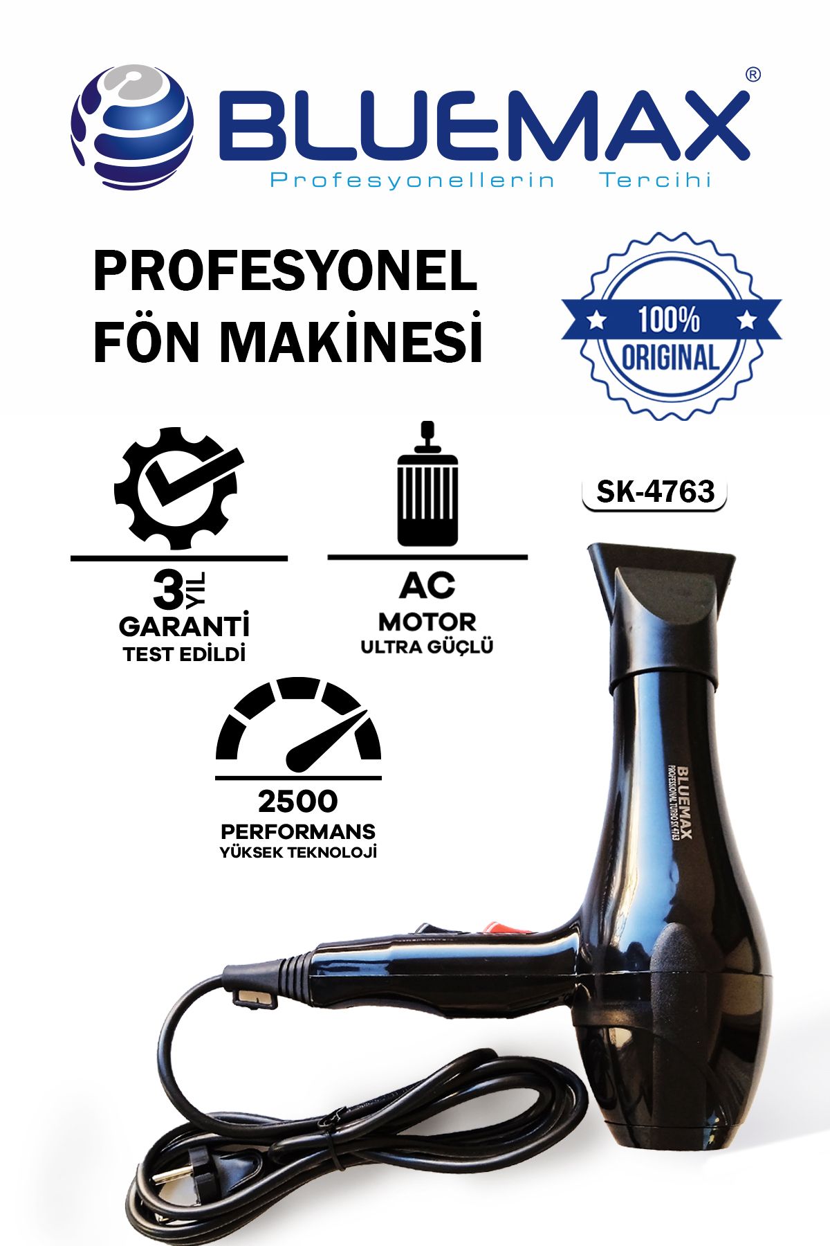 Çok Fonksiyonlu Pro Ergonomik 2500-WT Saç Kurutma Makinası + Fön Tarağı + Başlık Hediyeli Hairdyer