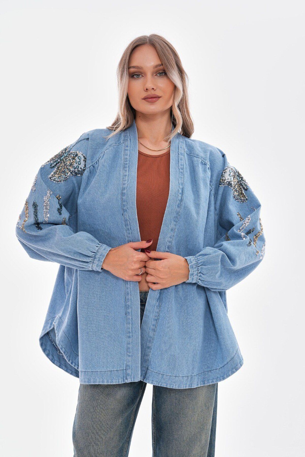 Nakışlı denim kimono