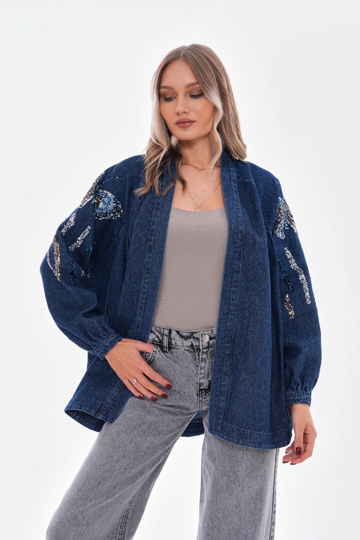 Dadali Nakışlı denim kimono