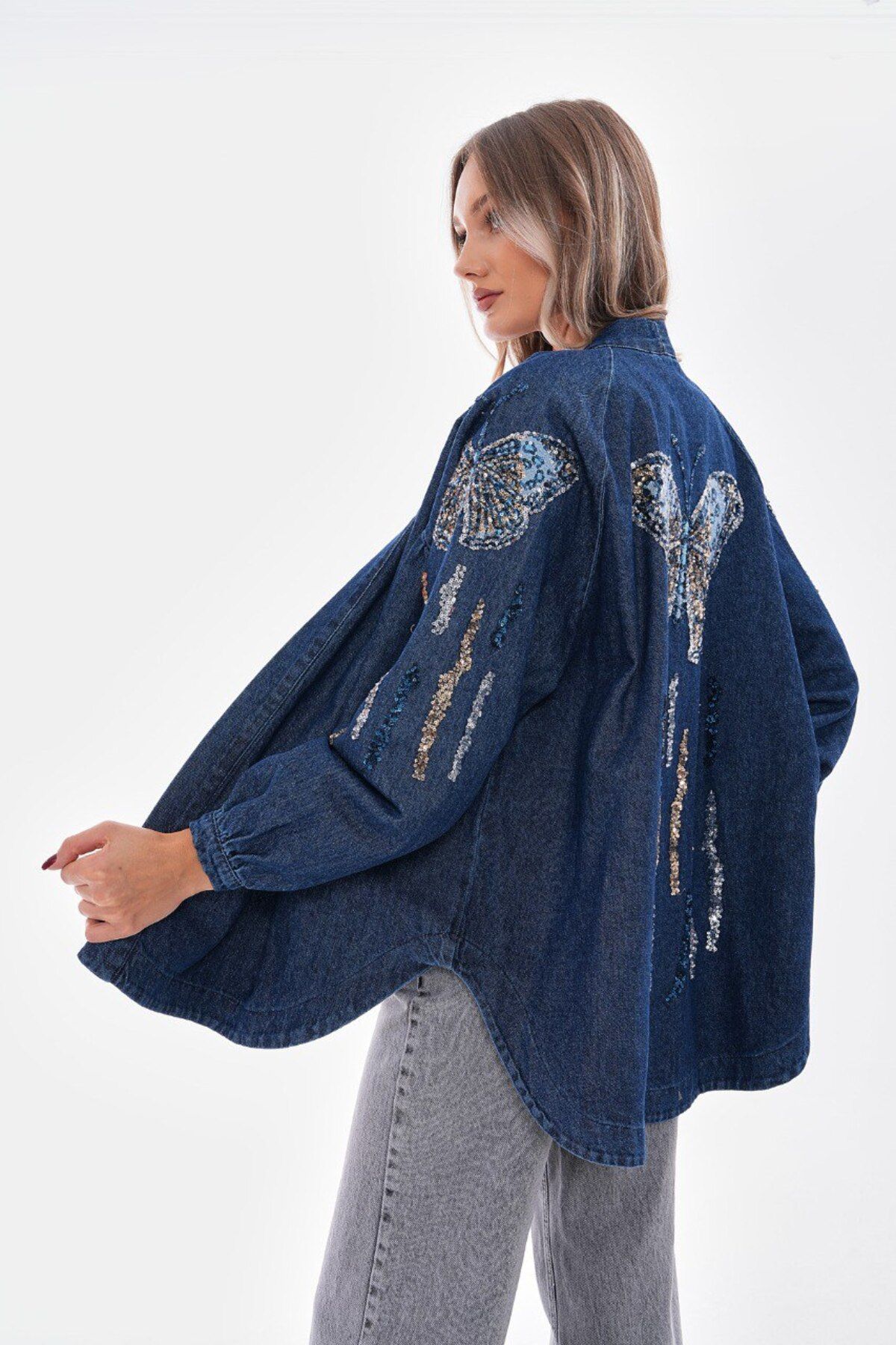 Nakışlı denim kimono