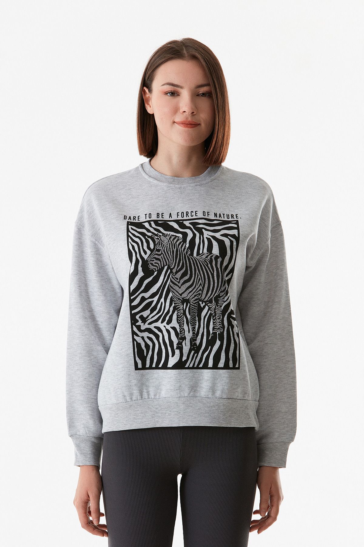 Zebra Baskılı Bisiklet Yaka Sweatshirt