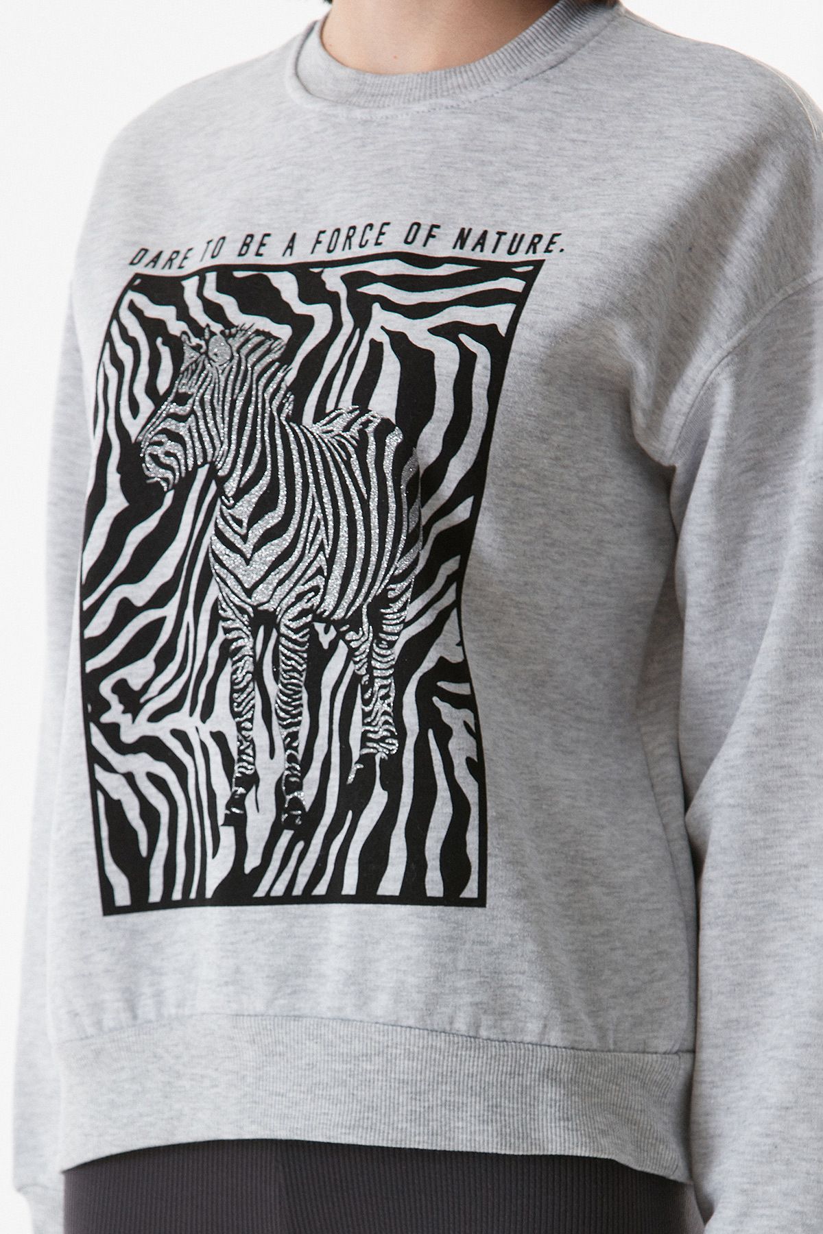 Zebra Baskılı Bisiklet Yaka Sweatshirt