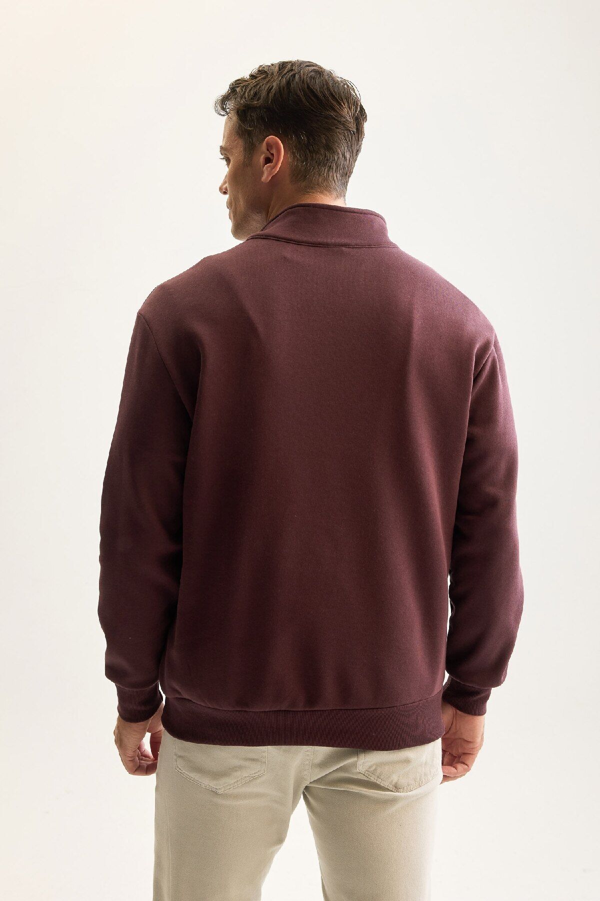 Erkek Bordo 3 Iplik Pamuklu Şardonlu Içi Polarlı Regular Fit Dik Yaka Fermuarlı Kalın Sweatshirt