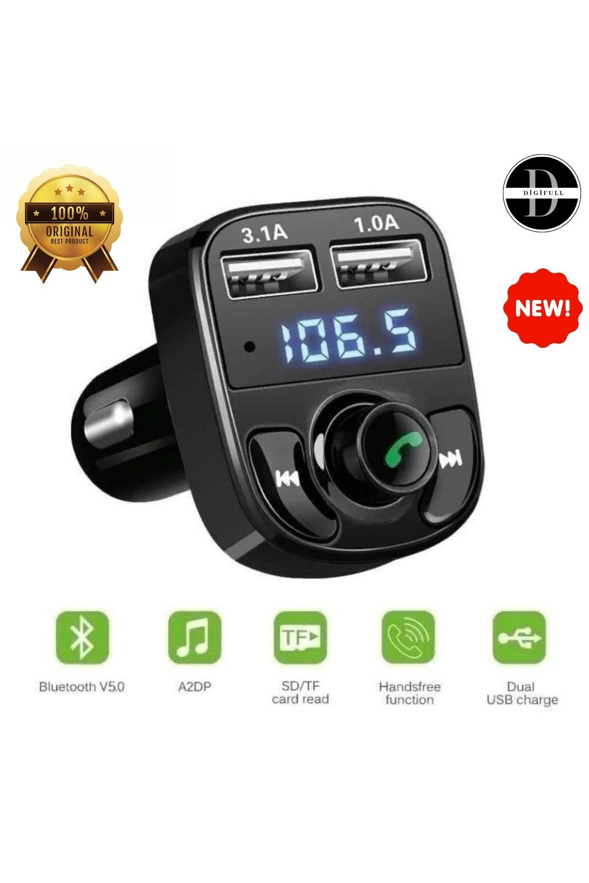 DİGİFULLFm Transmitter 5.0Bluetooth Araç Kiti...