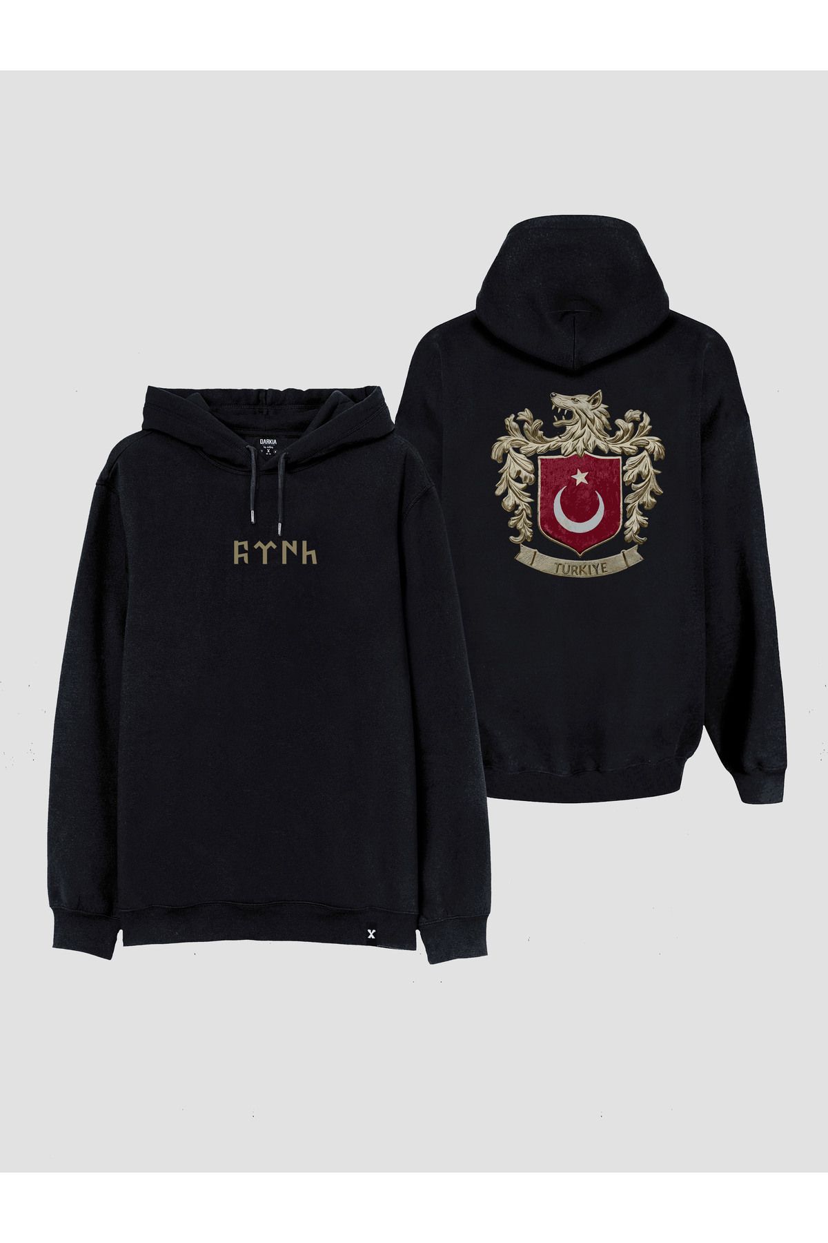 DarkiaTürk Bozkurt BaskılıKapşonlu Unisex Siy...