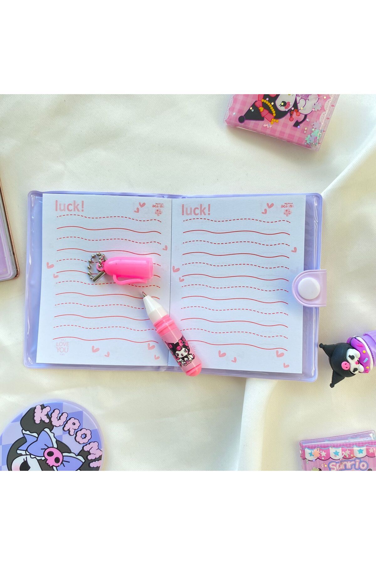 Pembe Kuromi Çizgili Mini Defter ve Kalem Seti