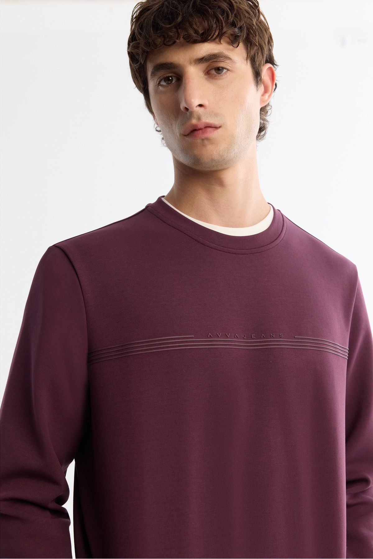 Erkek Bordo Bisiklet Yaka Pamuklu Baskılı Elastan Sweatshirt A42y1267