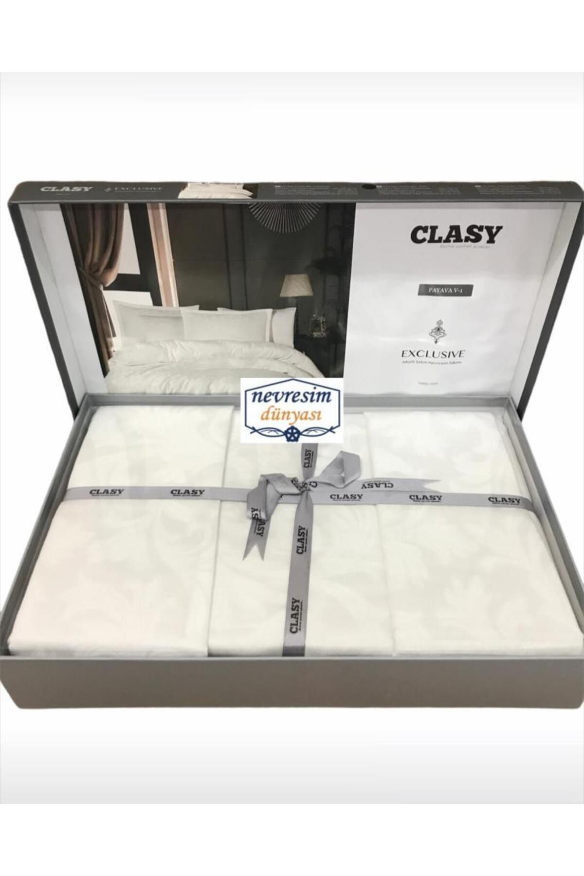 Clasy Exclusive Jakarlı Çift Kişilik Pamuk Saten Nevresim Takımı Pavaya v1 Beyaz