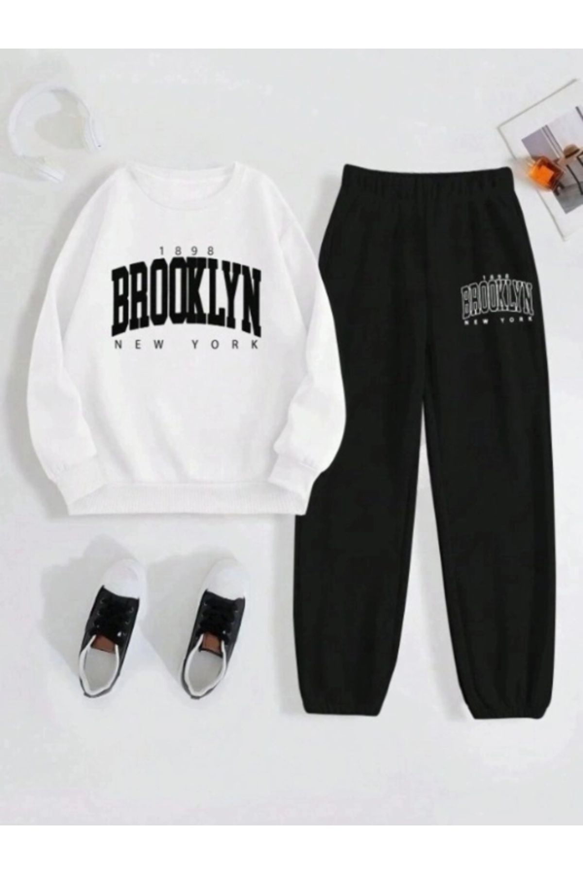 Kadın Brooklyn New York Baskılı Oversize Bisiklet Yaka Eşofman Takımı