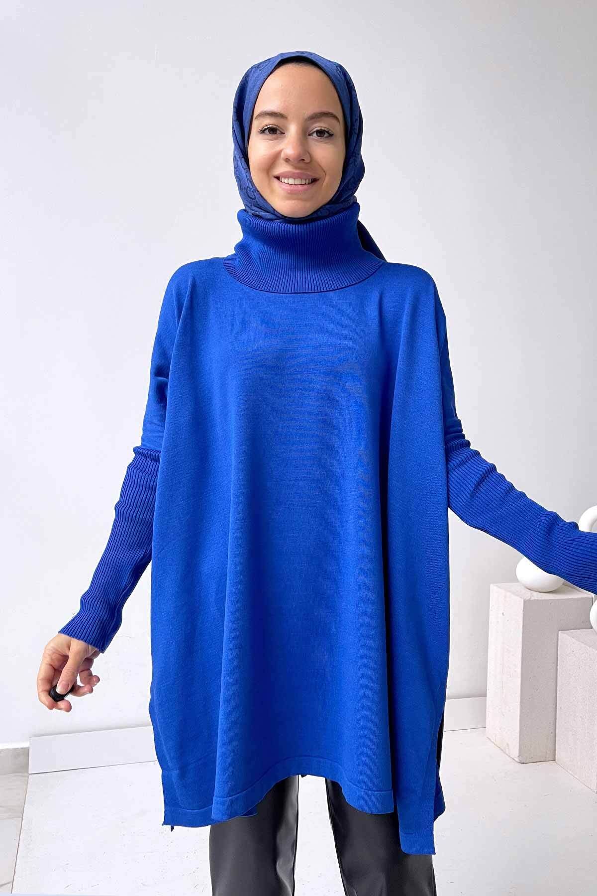 Oversize MerserizeTesettür  Tunik - Saks Mavi